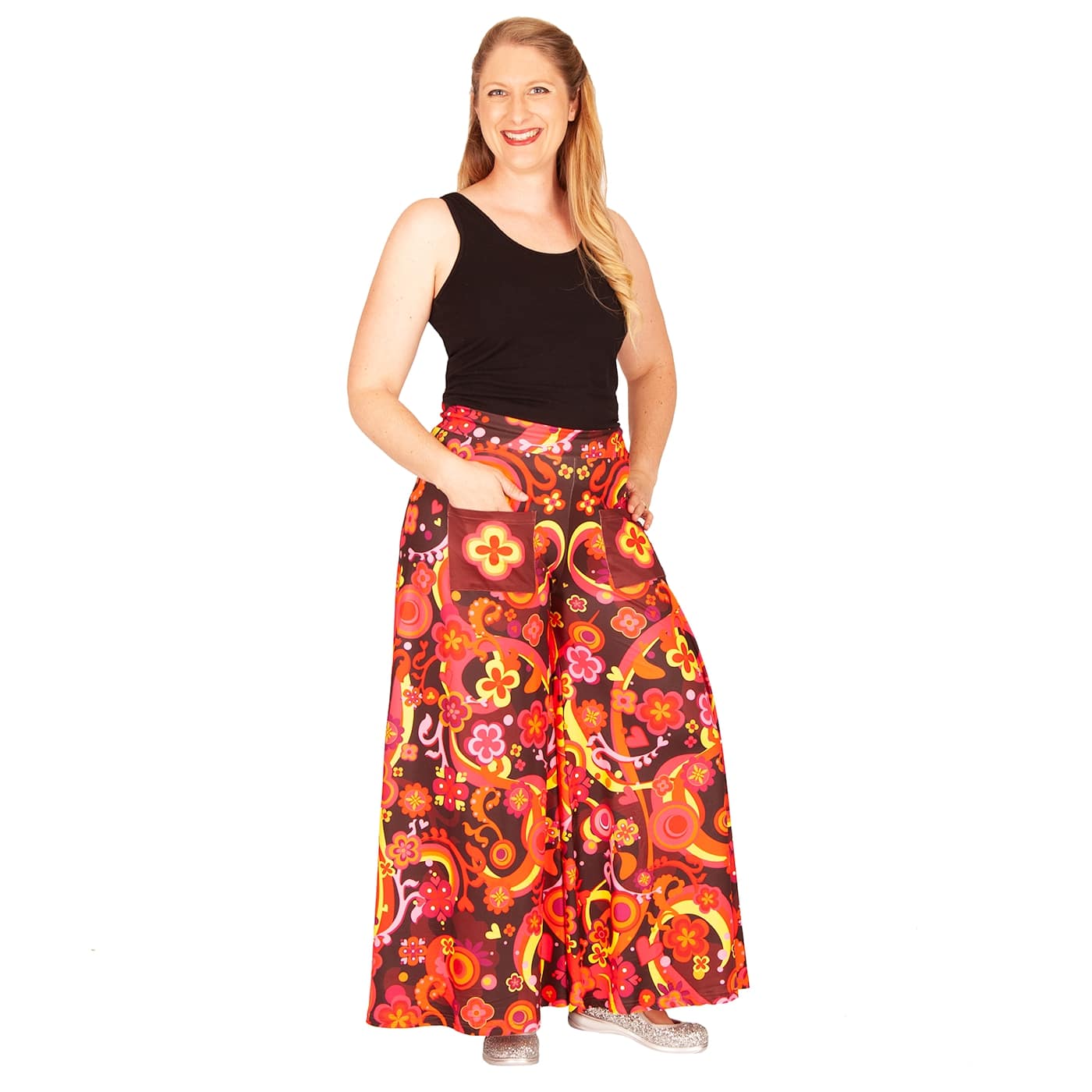Groovy Days Wide Leg Pants by RainbowsAndFairies.com (Woodstock - Flower Power - Psychedelic - Hippy - Pallazo Pants - Flares Bell Bottoms - Vintage Inspired - Pants With Pockets) - SKU: CL_WIDEL_GROOV_DAY - Pic 04