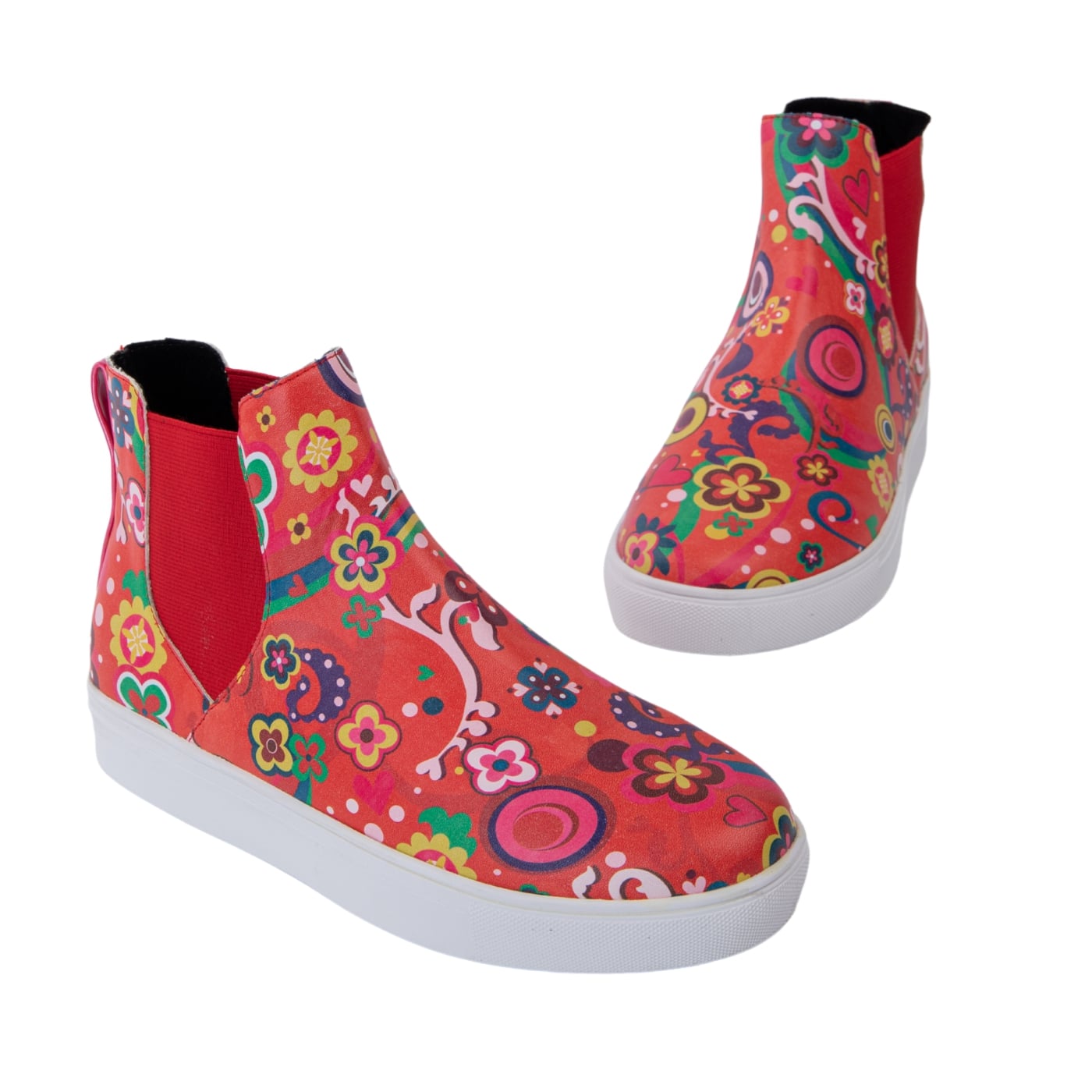 Groovy Remix Hi Tops by RainbowsAndFairies.com.au (Psychedelic - Chelsea Boots - Woodstock - Hippy - Vibrant - Mismatched Shoes - Elastic Side Boots) - SKU: FW_HITOP_GROOV_REM - Pic-01