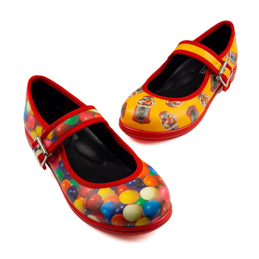 Gumball Mary Janes by RainbowsAndFairies.com.au (Gumball - Bubblegum - Mismatched Shoes - Rock & Roll - Vintage - Buckle Up Shoes - Kitsch Shoes) - SKU: FW_MARYJ_GBALL_ORG - Pic-01