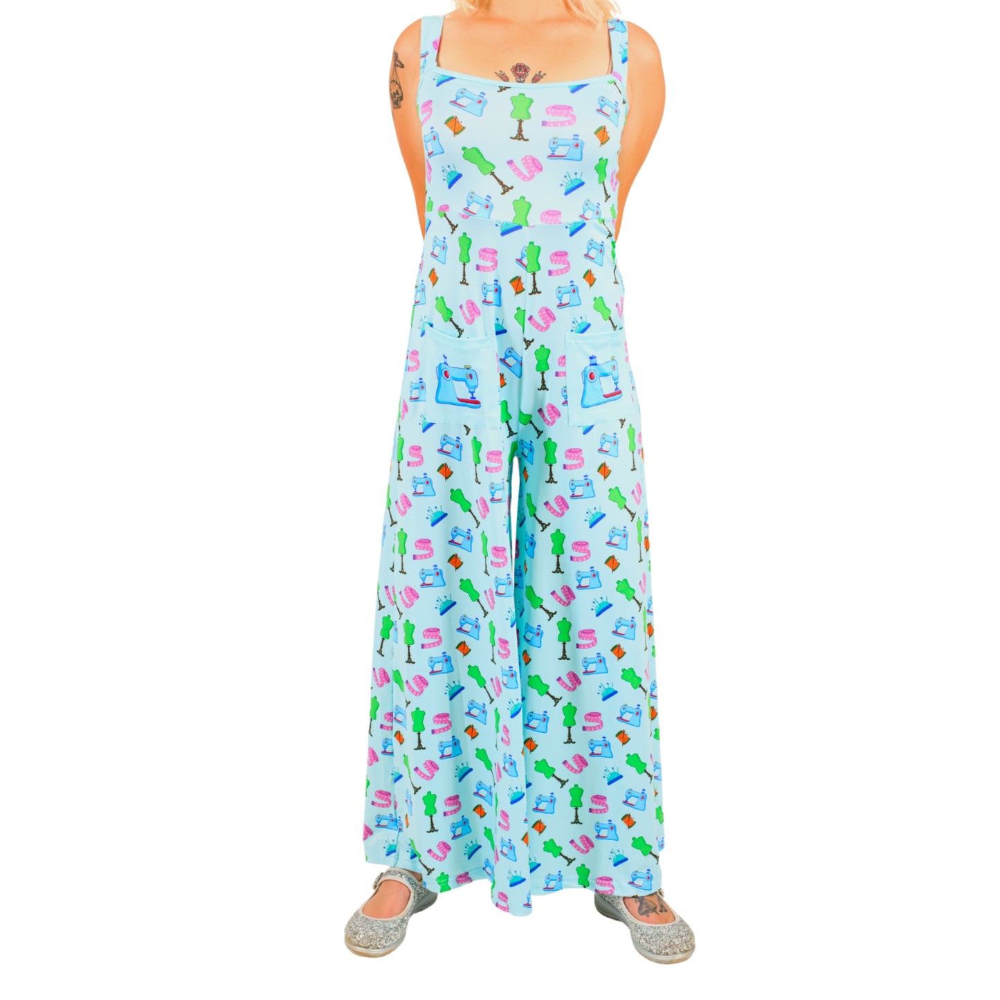 Haberdashery Jumpsuit by RainbowsAndFairies.com.au (Sewing - Dressmaking - Overalls - Wide Leg Pants - Kitsch - Rockabilly) - SKU: CL_JUMPS_HABER_ORG - Pic-01