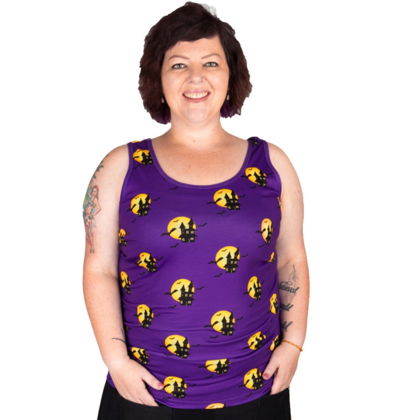 Haunted House Singlet Top by RainbowsAndFairies.com.au (Addams Family - Munsters - Haunted - Vintage Inspired - Kitsch - Bats - Tank Top - Purple) - SKU: CL_SGLET_HAUNT_ORG - Pic-03