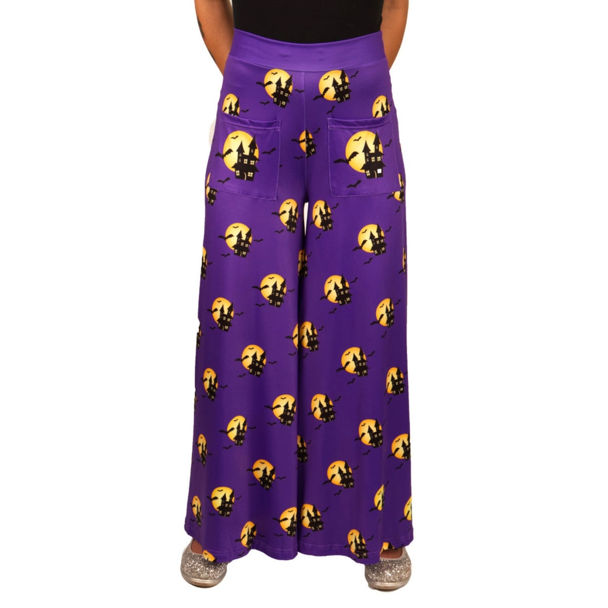 Haunted House Wide Leg Pants by RainbowsAndFairies.com.au (Addams Family - Bats - Purple - Pants With Pockets - Vintage Inspired - Flares - Halloween) - SKU: CL_WIDEL_HAUNT_ORG - Pic-01
