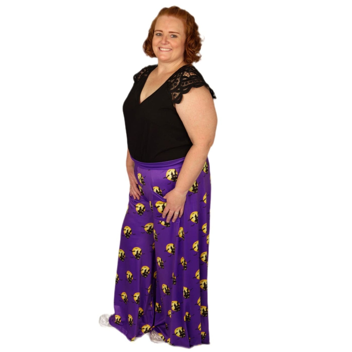 Haunted House Wide Leg Pants by RainbowsAndFairies.com.au (Addams Family - Bats - Purple - Pants With Pockets - Vintage Inspired - Flares - Halloween) - SKU: CL_WIDEL_HAUNT_ORG - Pic-02