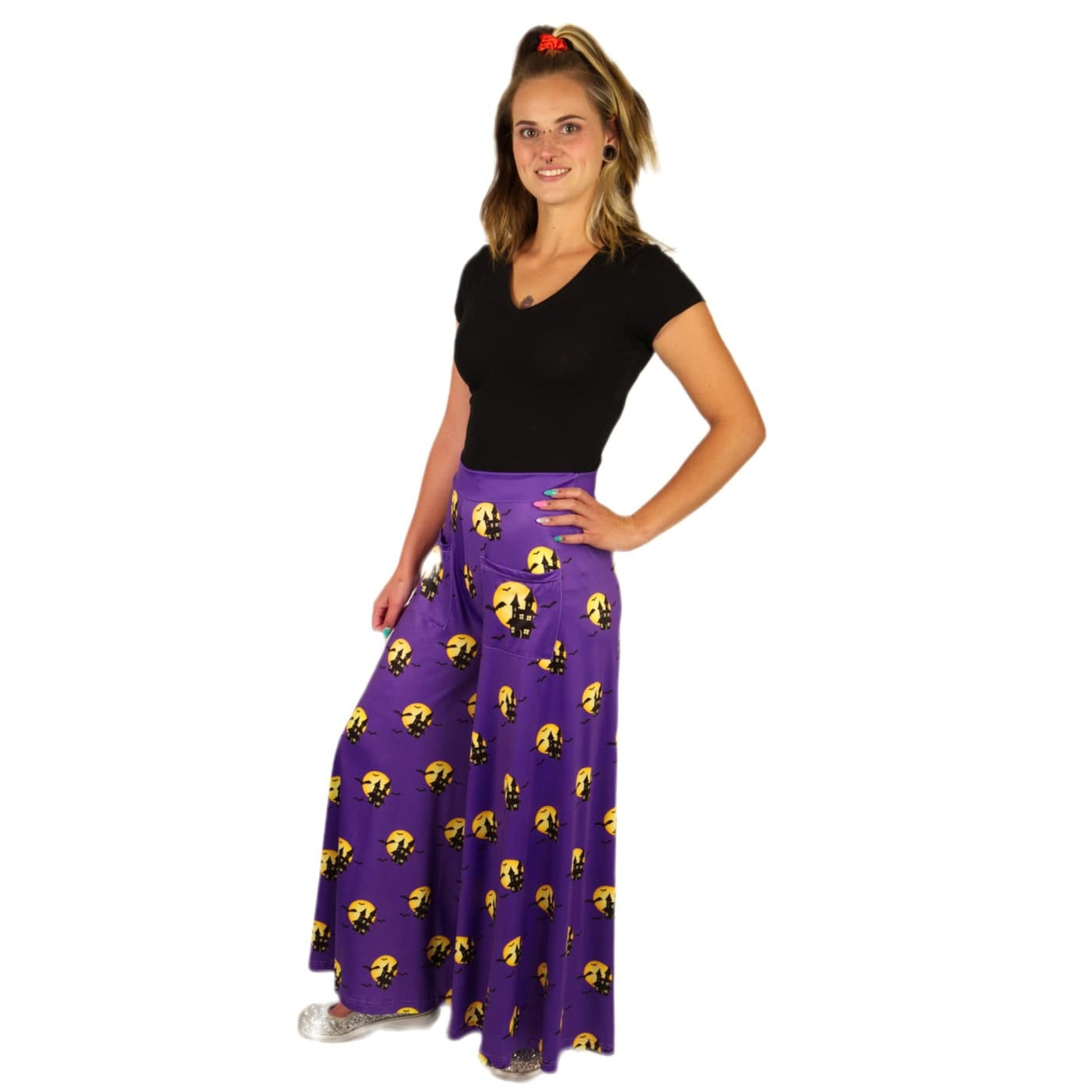 Haunted House Wide Leg Pants by RainbowsAndFairies.com.au (Addams Family - Bats - Purple - Pants With Pockets - Vintage Inspired - Flares - Halloween) - SKU: CL_WIDEL_HAUNT_ORG - Pic-04