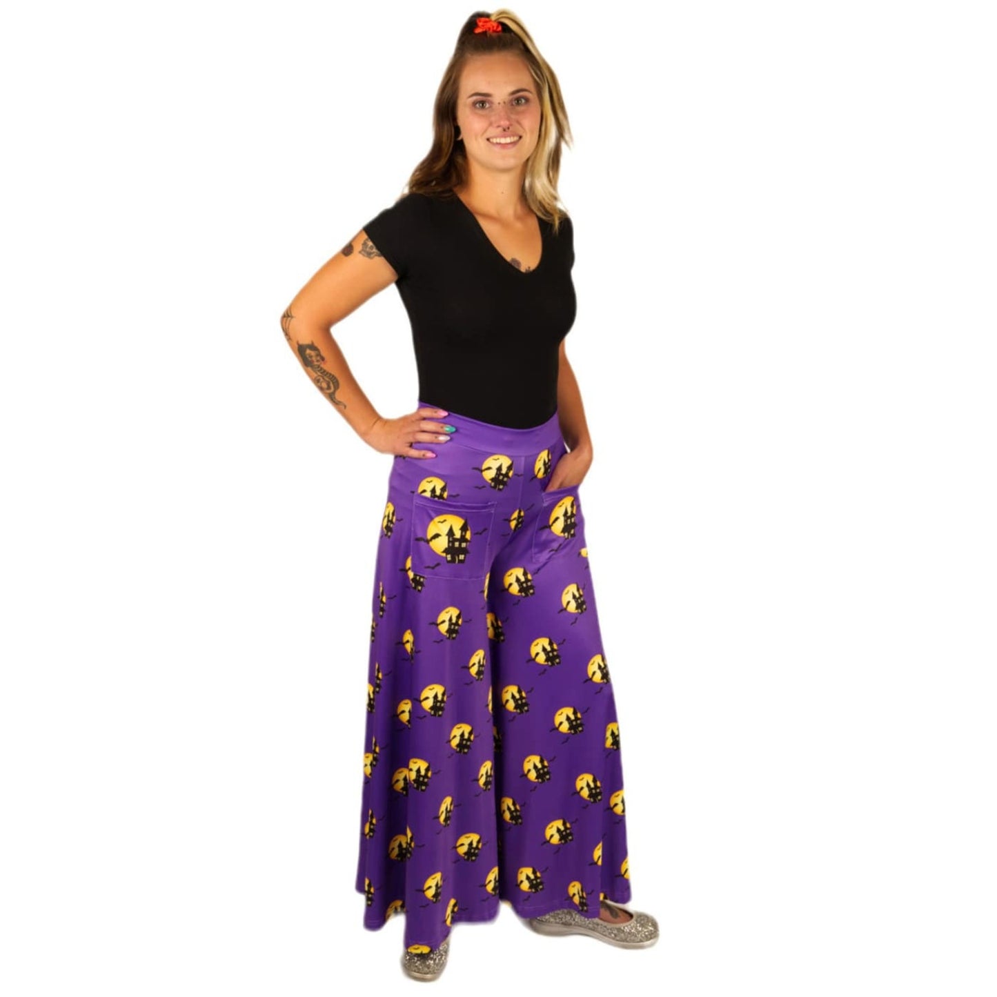 Haunted House Wide Leg Pants by RainbowsAndFairies.com.au (Addams Family - Bats - Purple - Pants With Pockets - Vintage Inspired - Flares - Halloween) - SKU: CL_WIDEL_HAUNT_ORG - Pic-05