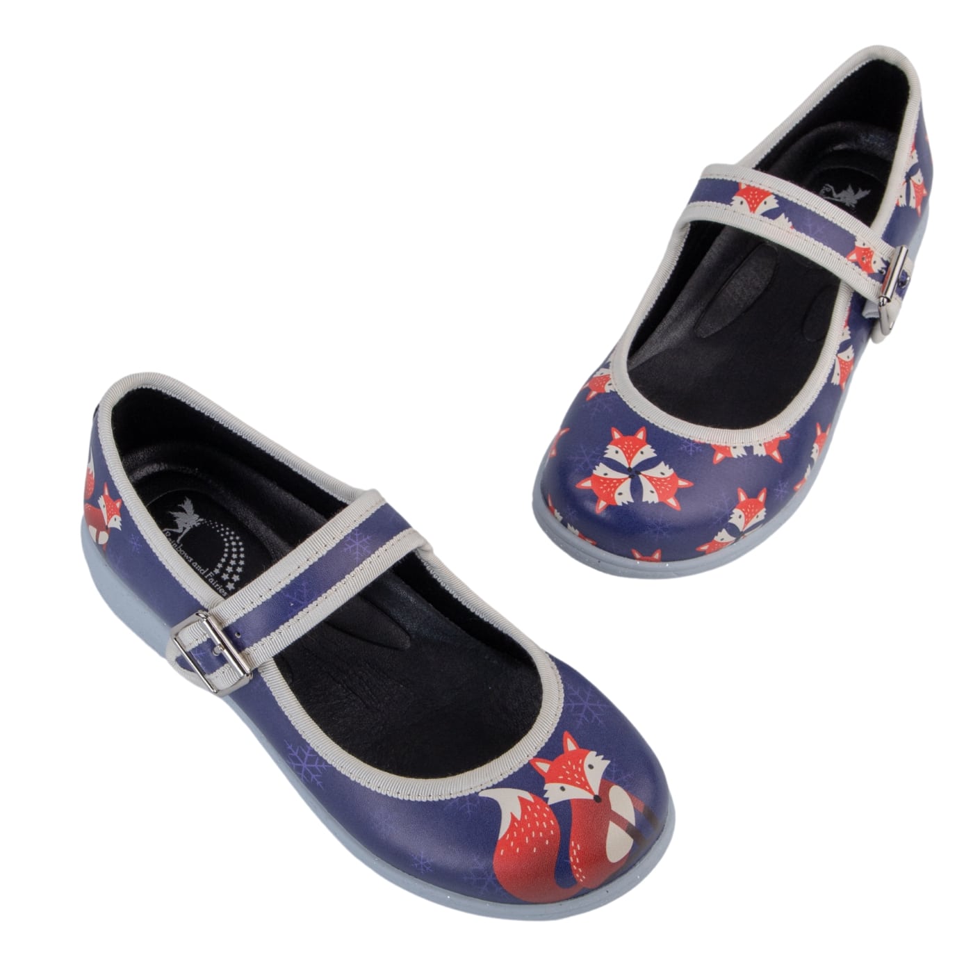 Howard Mary Janes by RainbowsAndFairies.com.au (Red Fox - Snow Fox - Mismatched Shoes - Glitter Shoes - Kitsch - Animal Print) - SKU: FW_MARYJ_HOWIE_ORG - Pic-01