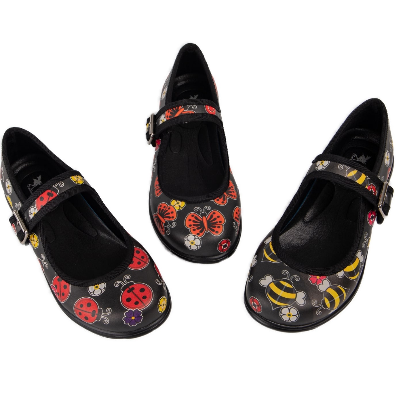 In The Garden Mary Janes by RainbowsAndFairies.com.au (Bees - Ladybug - Butterfly - Mismtached Shoes - Pair & Spare - 3 Shoes - Cute) - SKU: FW_MARYJ_INGARD_ORG - Pic-01