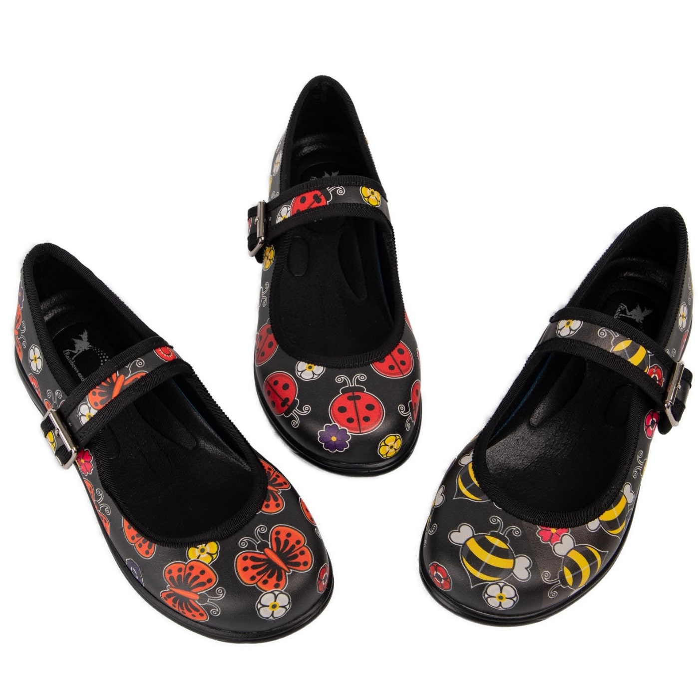 In The Garden Mary Janes by RainbowsAndFairies.com.au (Bees - Ladybug - Butterfly - Mismtached Shoes - Pair & Spare - 3 Shoes - Cute) - SKU: FW_MARYJ_INGARD_ORG - Pic-02