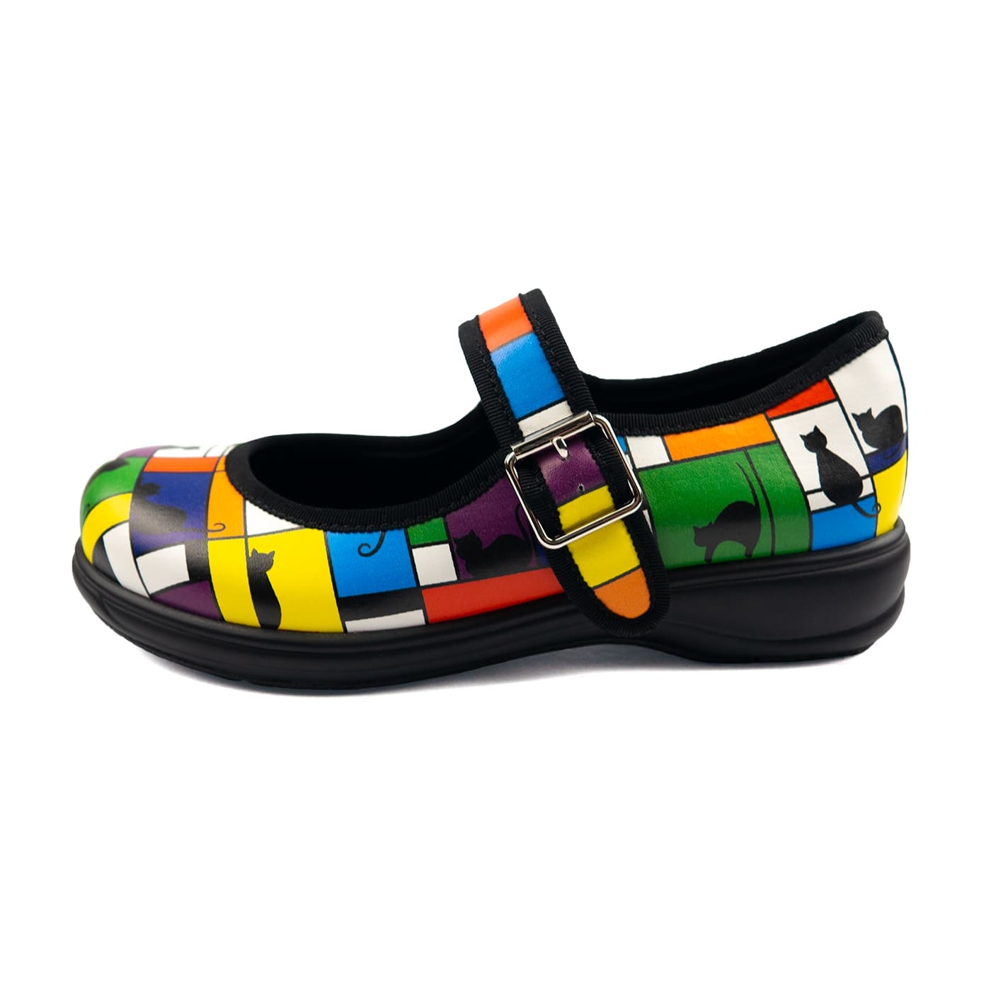 Intrigue Mary Janes by RainbowsAndFairies.com.au (Black Cats - Mondrian Art - Partridge Family - Buckle Shoes - Mismatched Shoes - Cute & Comfy) - SKU: FW_MARYJ_INTRG_ORG - Pic-03