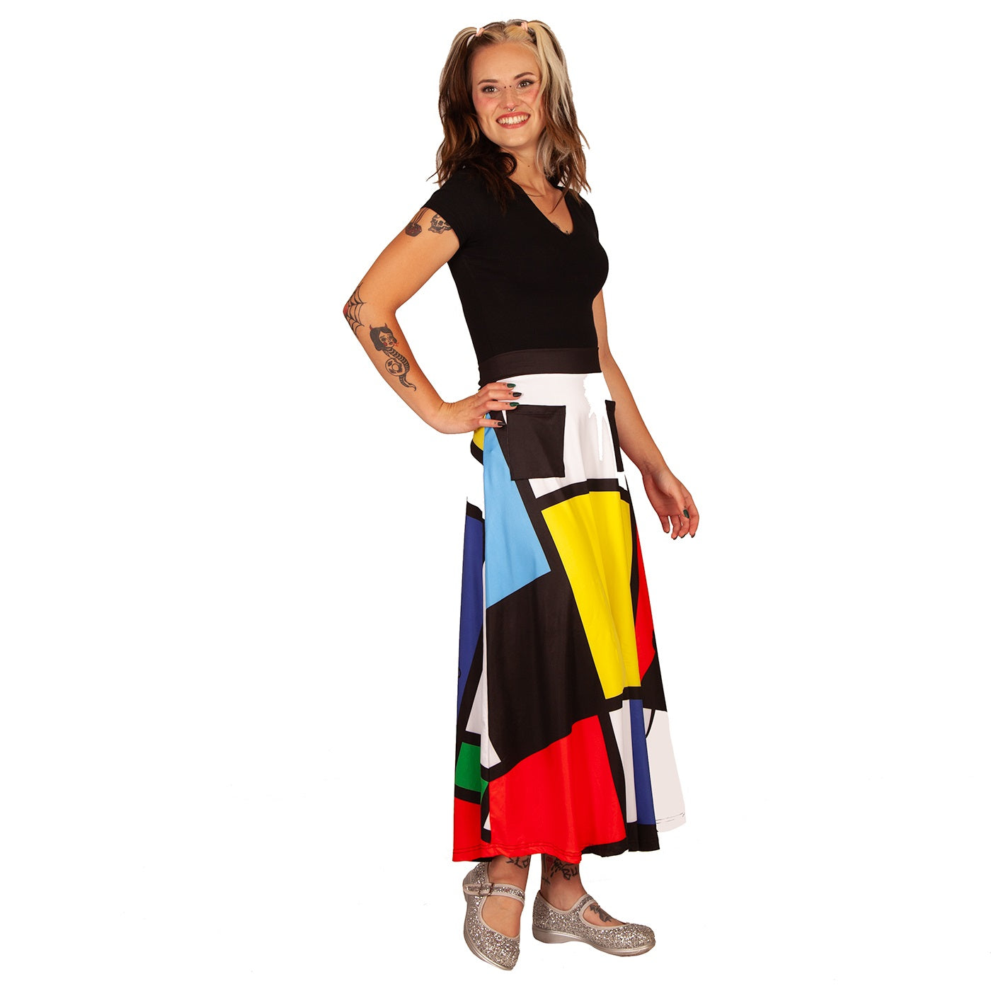 Intrigue Maxi Skirt by RainbowsAndFairies.com.au (Black Cats - Mondrian Art - Check Print - Skirt With Pockets - Boho - Mod Retro - Vintage Inspired) - SKU: CL_MAXIS_INTRG_ORG - Pic-07