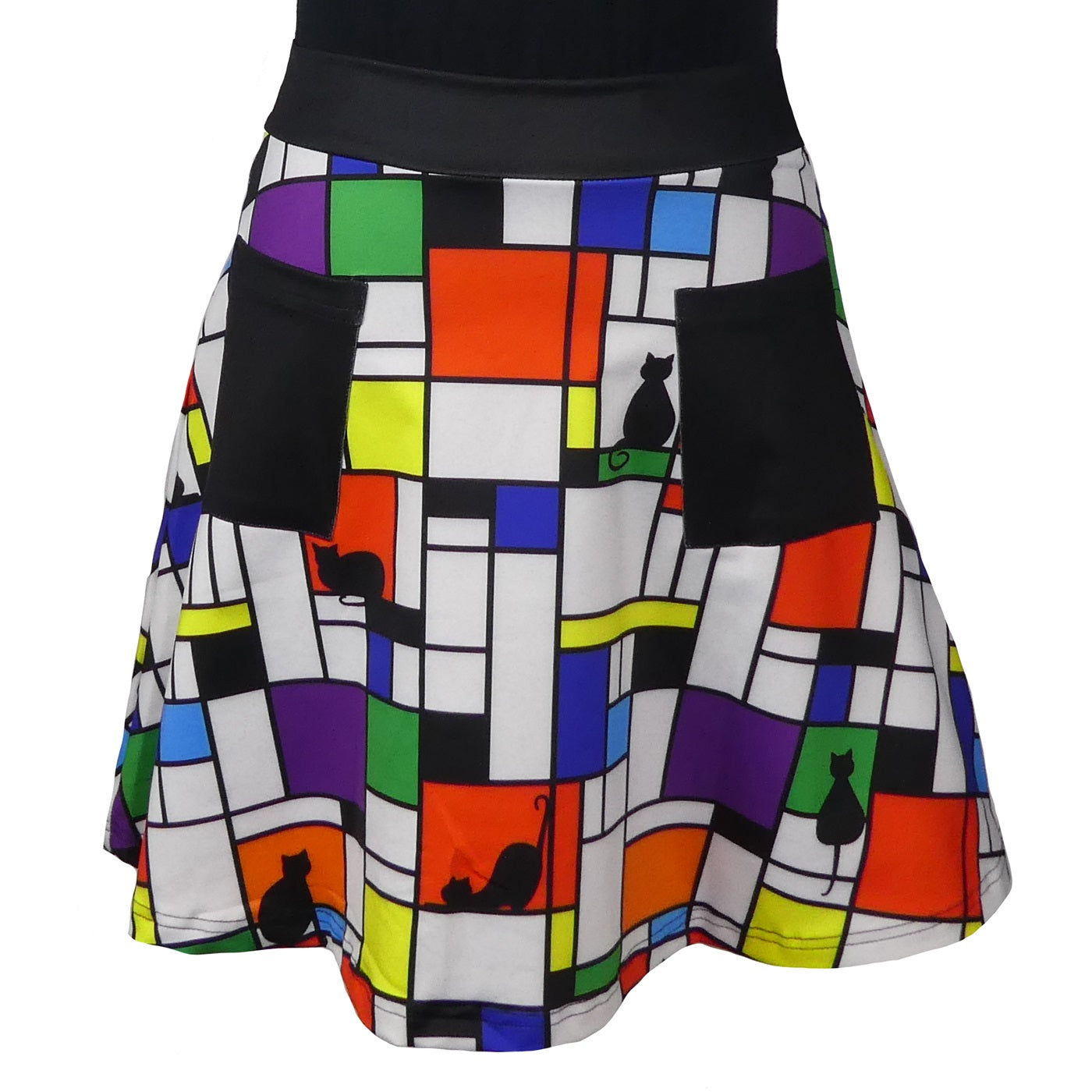 Intrigue Short Skirt by RainbowsAndFairies.com (Black Cat - Mondrian Art - Skirt With Pockets - Aline Skirt - Party Food) - SKU: CL_SHORT_INTRG_ORG - 02