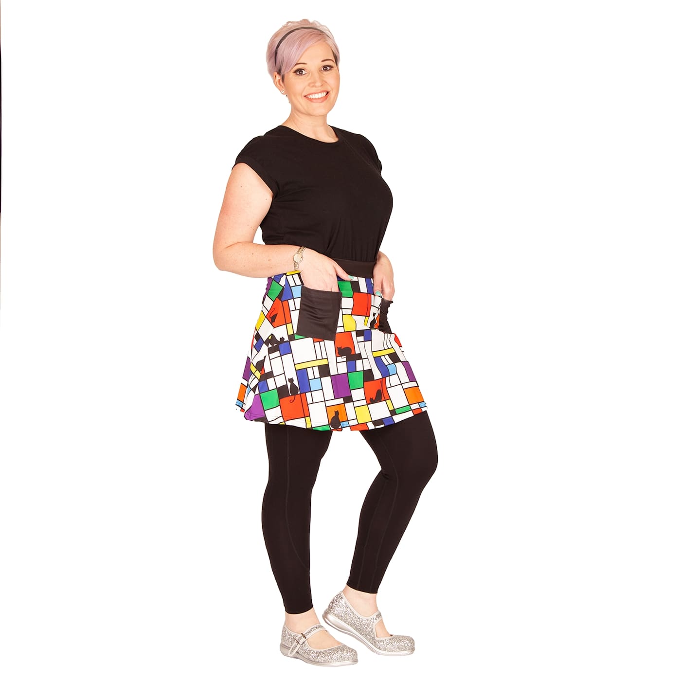 Intrigue Short Skirt by RainbowsAndFairies.com (Black Cat - Mondrian Art - Skirt With Pockets - Aline Skirt - Party Food) - SKU: CL_SHORT_INTRG_ORG - 04