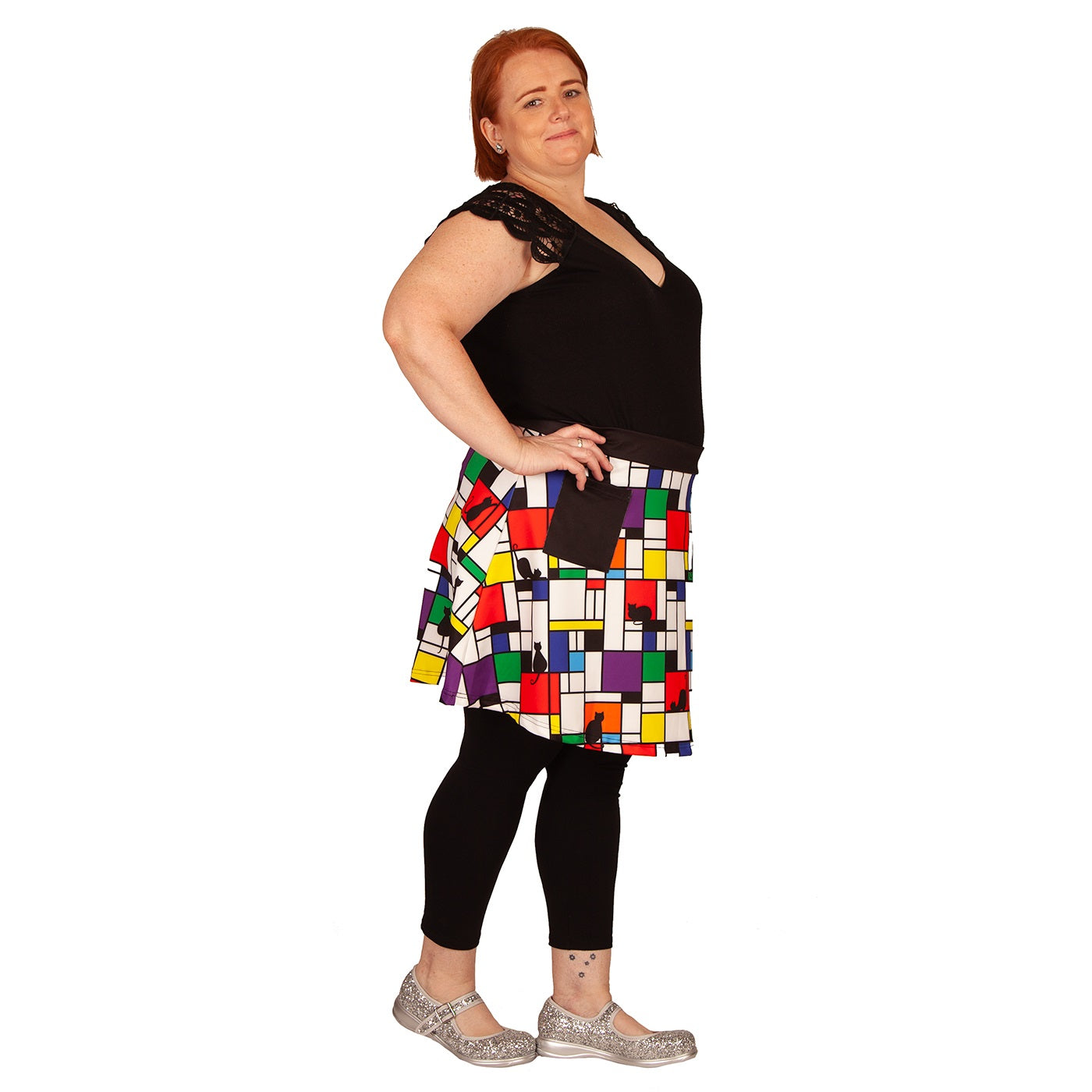 Intrigue Short Skirt by RainbowsAndFairies.com (Black Cat - Mondrian Art - Skirt With Pockets - Aline Skirt - Party Food) - SKU: CL_SHORT_INTRG_ORG - 06