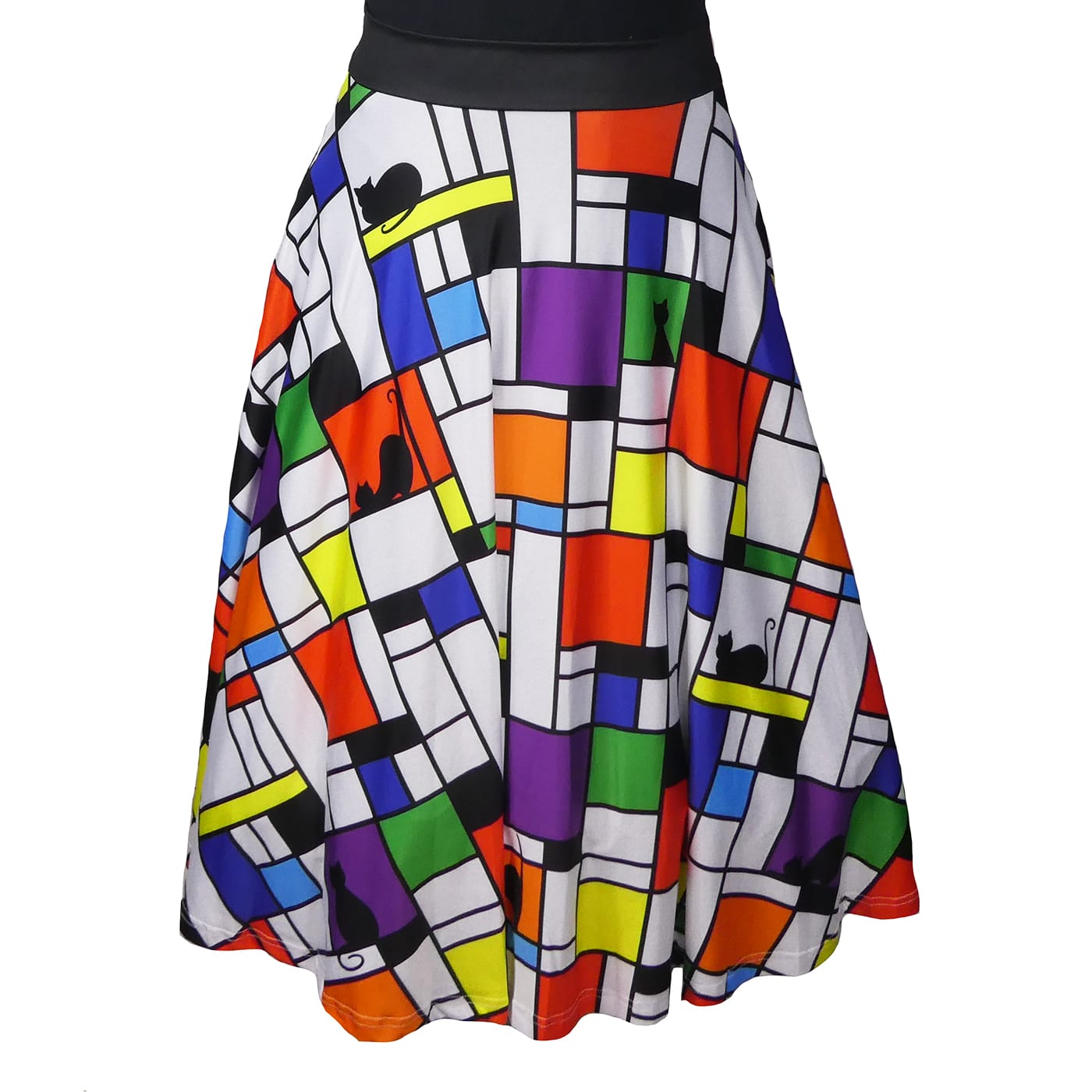Intrigue Swishy Skirt by RainbowsAndFairies.com.au (Black Cats - Mondrian Art - Skirt With Pockets - Circle Skirt - Vintage Inspired - Mod Retro) - SKU: CL_SWISH_INTRG_ORG - Pic-02