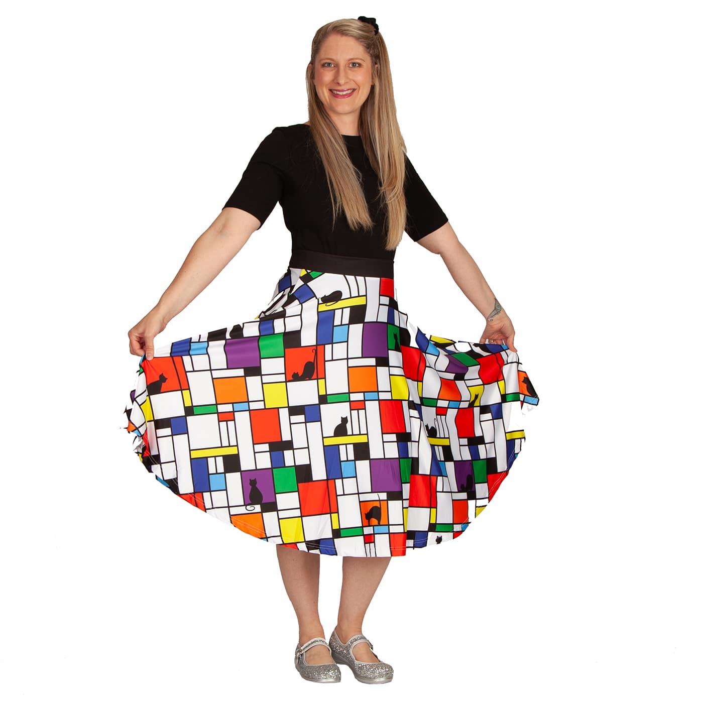 Intrigue Swishy Skirt by RainbowsAndFairies.com.au (Black Cats - Mondrian Art - Skirt With Pockets - Circle Skirt - Vintage Inspired - Mod Retro) - SKU: CL_SWISH_INTRG_ORG - Pic-06