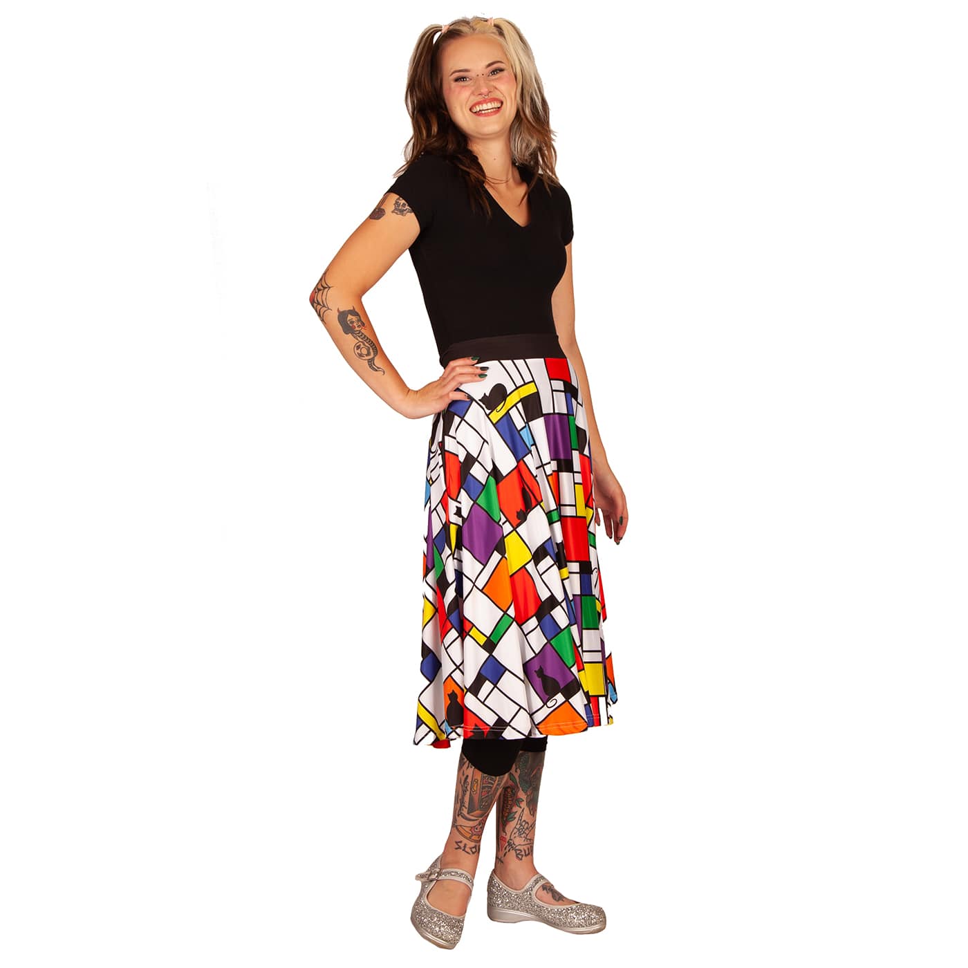 Intrigue Swishy Skirt by RainbowsAndFairies.com.au (Black Cats - Mondrian Art - Skirt With Pockets - Circle Skirt - Vintage Inspired - Mod Retro) - SKU: CL_SWISH_INTRG_ORG - Pic-08