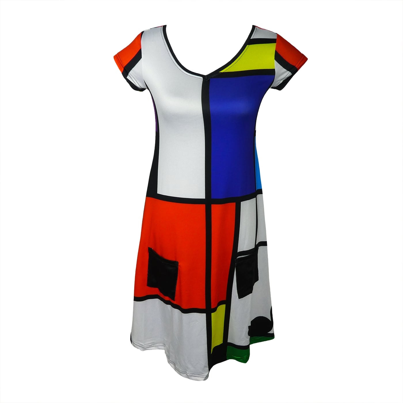 Intrigue Tunic Dress by RainbowsAndFairies.com (Black Cats - Mondrian Art - Partridge Family - Mod Retro - Dress With Pockets) - SKU: CL_TUNDR_INTRG_ORG - 01