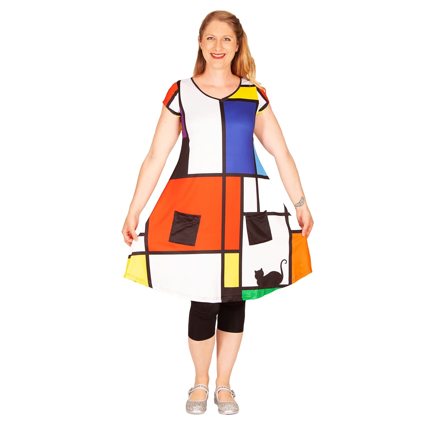 Intrigue Tunic Dress by RainbowsAndFairies.com (Black Cats - Mondrian Art - Partridge Family - Mod Retro - Dress With Pockets) - SKU: CL_TUNDR_INTRG_ORG - 05