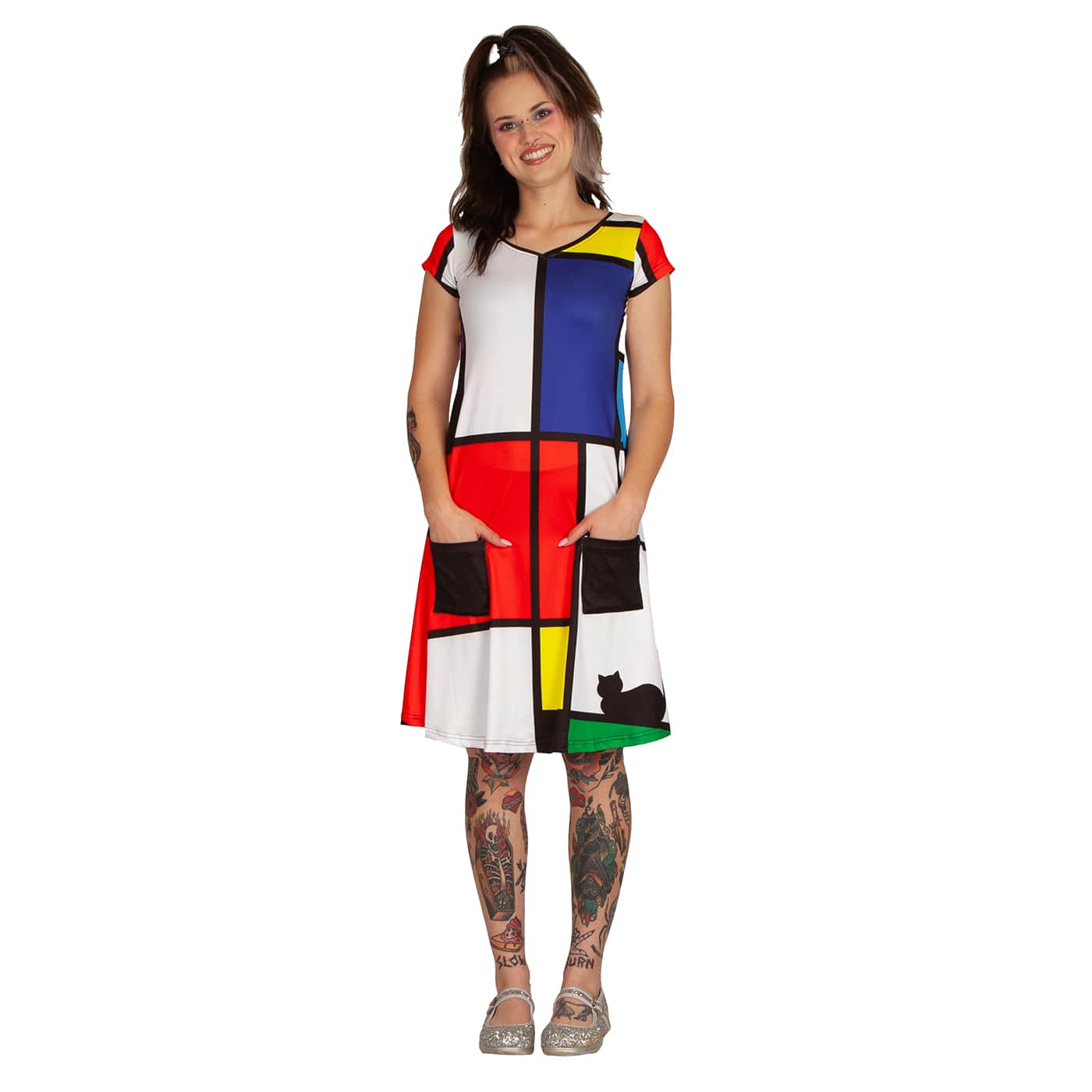 Intrigue Tunic Dress by RainbowsAndFairies.com (Black Cats - Mondrian Art - Partridge Family - Mod Retro - Dress With Pockets) - SKU: CL_TUNDR_INTRG_ORG - 07