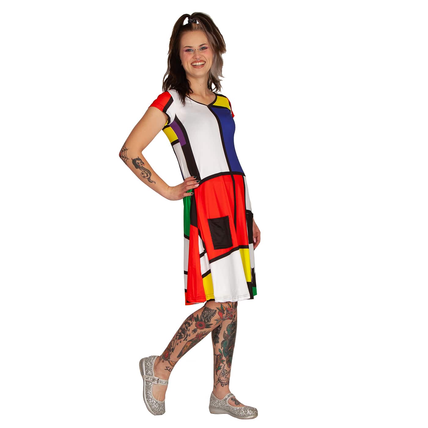 Intrigue Tunic Dress by RainbowsAndFairies.com (Black Cats - Mondrian Art - Partridge Family - Mod Retro - Dress With Pockets) - SKU: CL_TUNDR_INTRG_ORG - 08