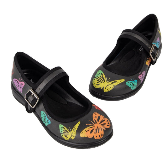 Kaleidoscope Mary Janes by RainbowsAndFairies.com.au (Monarch Butterfly - Mismtached Shoes - Dark Butterfly - Cute - Quirky) - SKU: FW_MARYJ_KSCOP_ORG - Pic-01