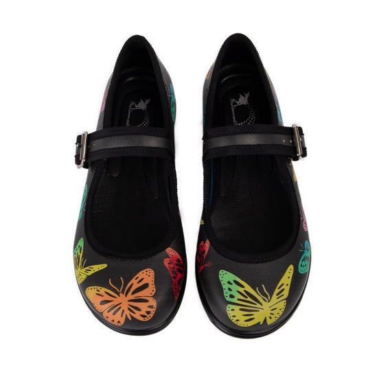 Kaleidoscope Mary Janes by RainbowsAndFairies.com.au (Monarch Butterfly - Mismtached Shoes - Dark Butterfly - Cute - Quirky) - SKU: FW_MARYJ_KSCOP_ORG - Pic-02