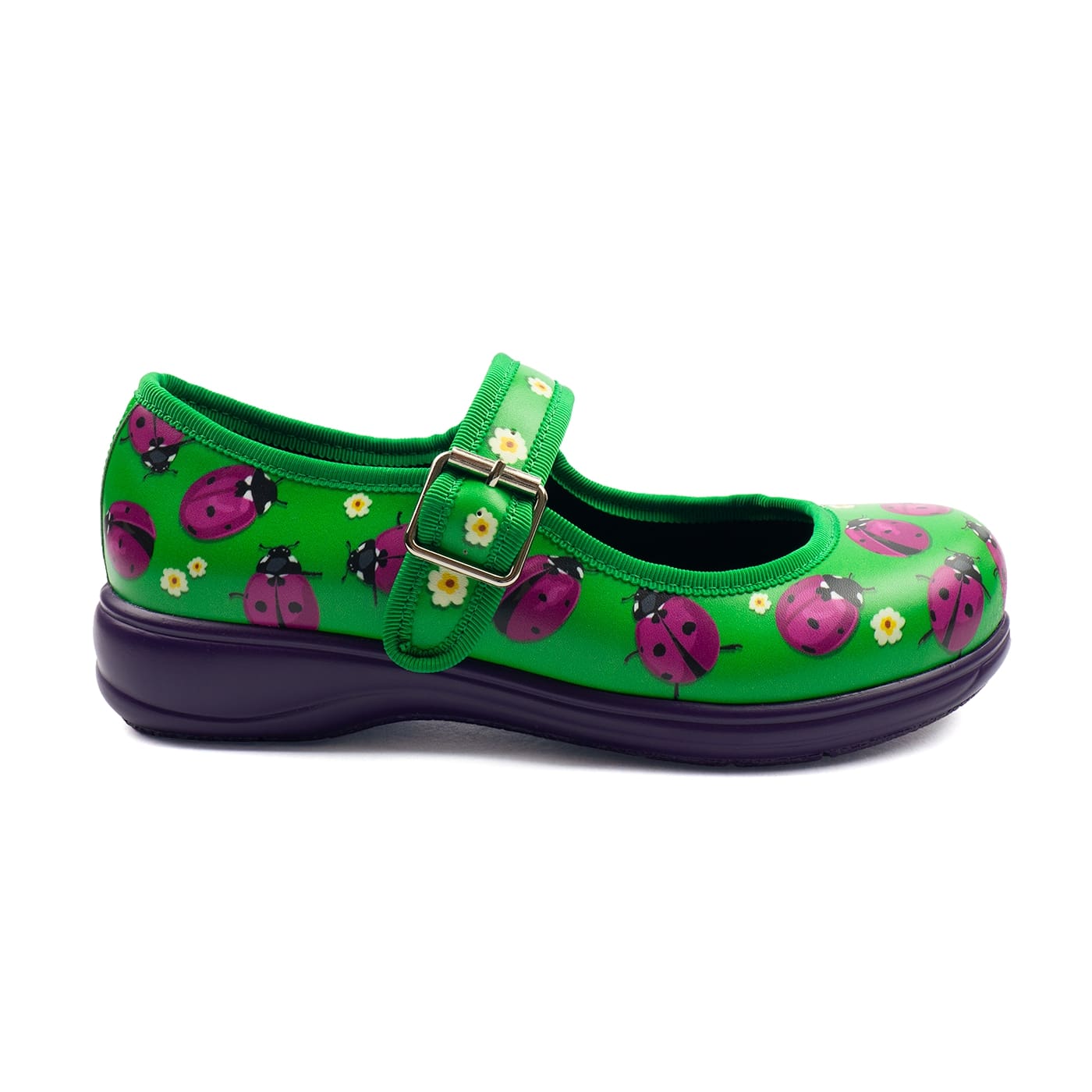 Loveliness Mary Janes MJs by RainbowsAndFairies.com (Purple Ladybug - Ladybird - Lady Beetle - Flowers - Green - Purple Shoes) - SKU: FW_MARYJ_LOVLY_ORG - Pic 04