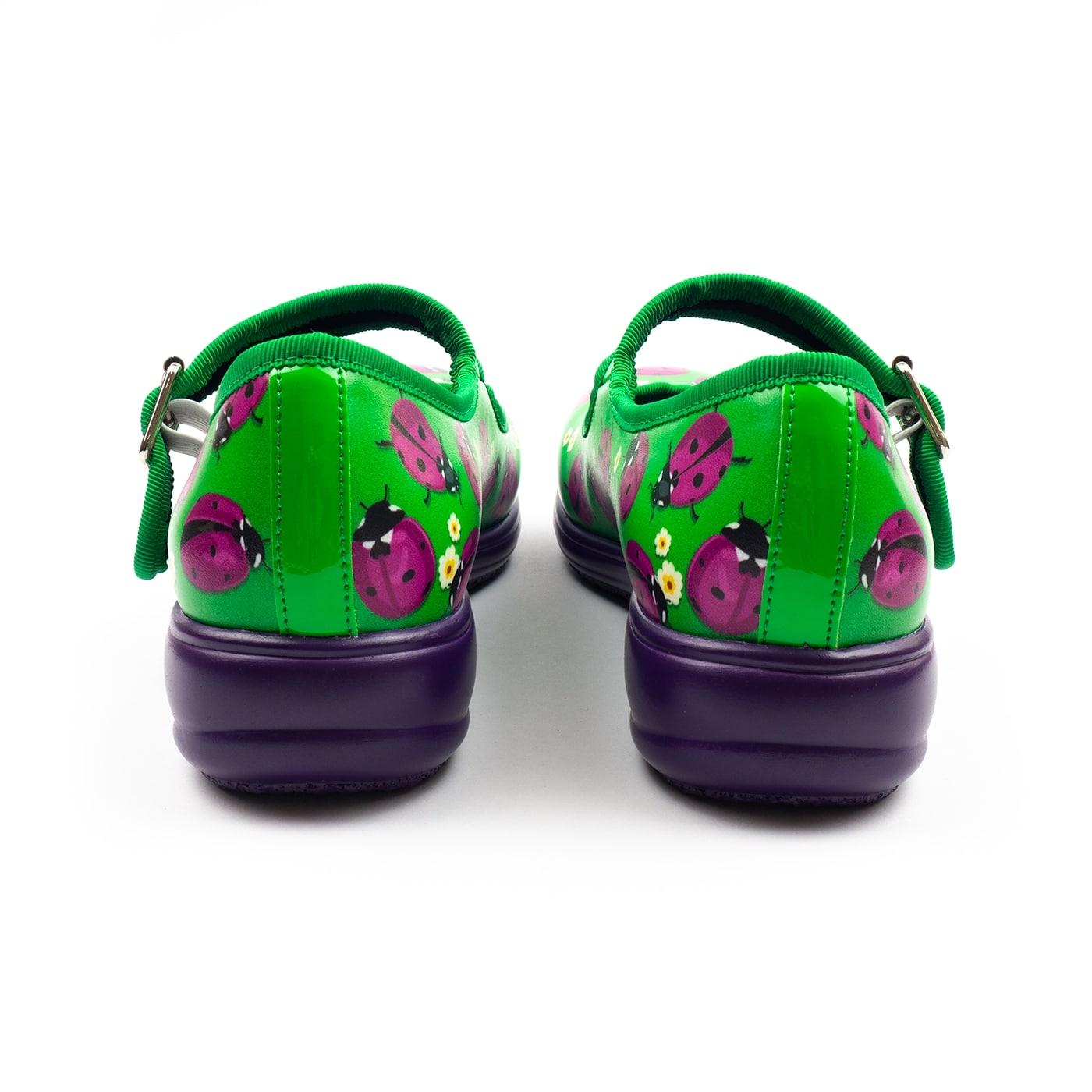 Loveliness Mary Janes MJs by RainbowsAndFairies.com (Purple Ladybug - Ladybird - Lady Beetle - Flowers - Green - Purple Shoes) - SKU: FW_MARYJ_LOVLY_ORG - Pic 05