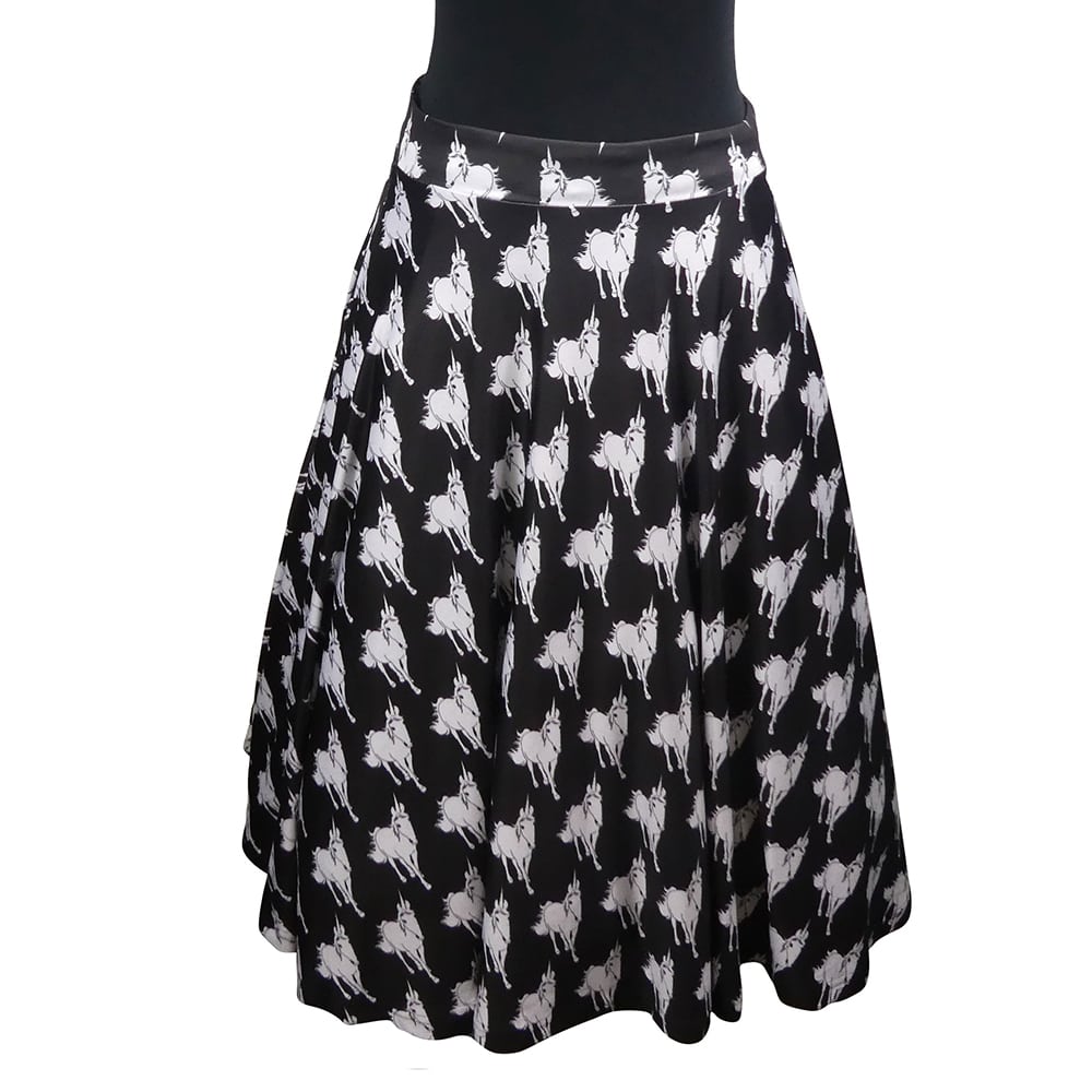 Lulu Swishy Skirt by RainbowsAndFairies.com.au (Unicorn - Black & White - Animal Print - Mythical Creature - Circle Skirt With Pockets - Mod Retro) - SKU: CL_SWISH_LULUU_ORG - Pic-01