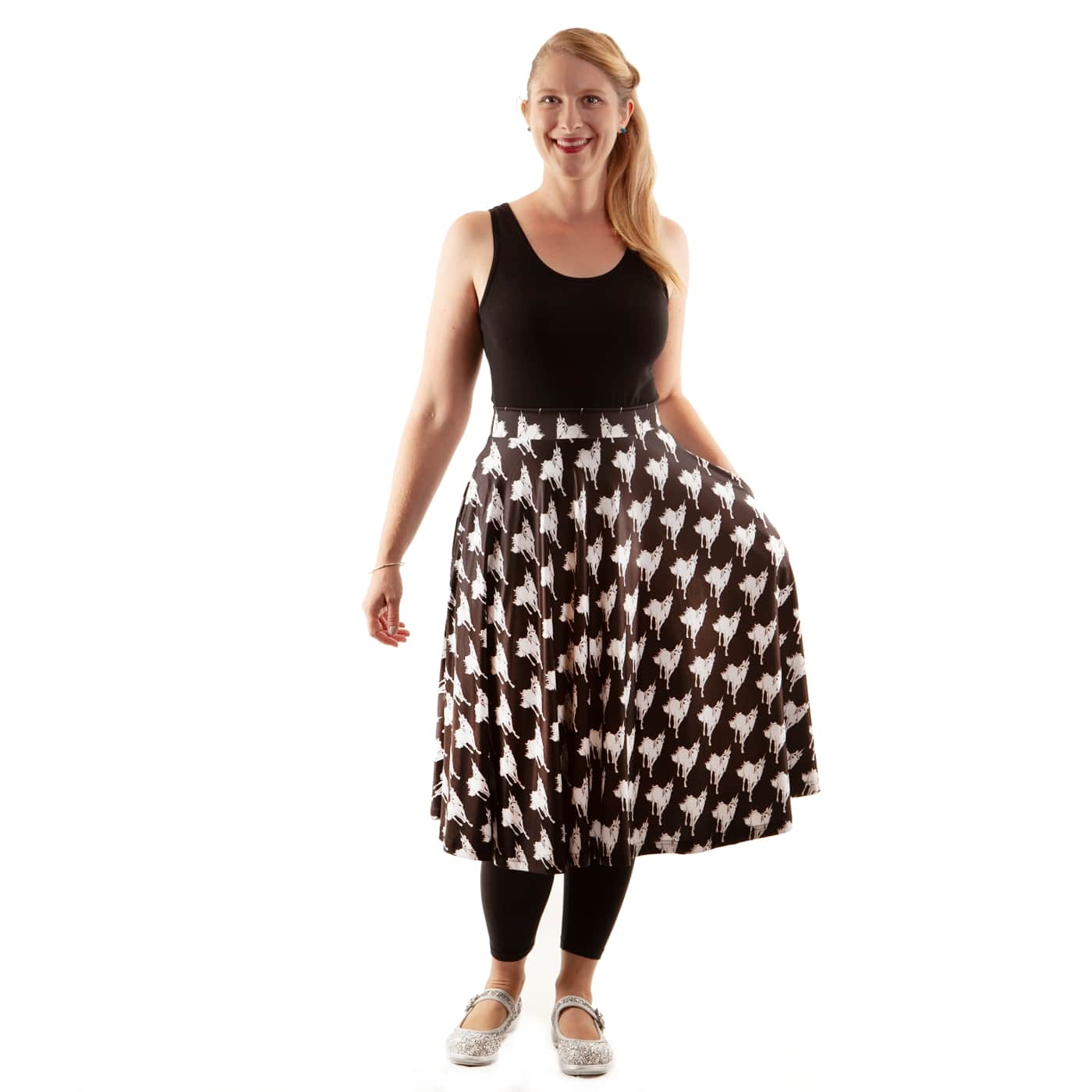 Lulu Swishy Skirt by RainbowsAndFairies.com.au (Unicorn - Black & White - Animal Print - Mythical Creature - Circle Skirt With Pockets - Mod Retro) - SKU: CL_SWISH_LULUU_ORG - Pic-05