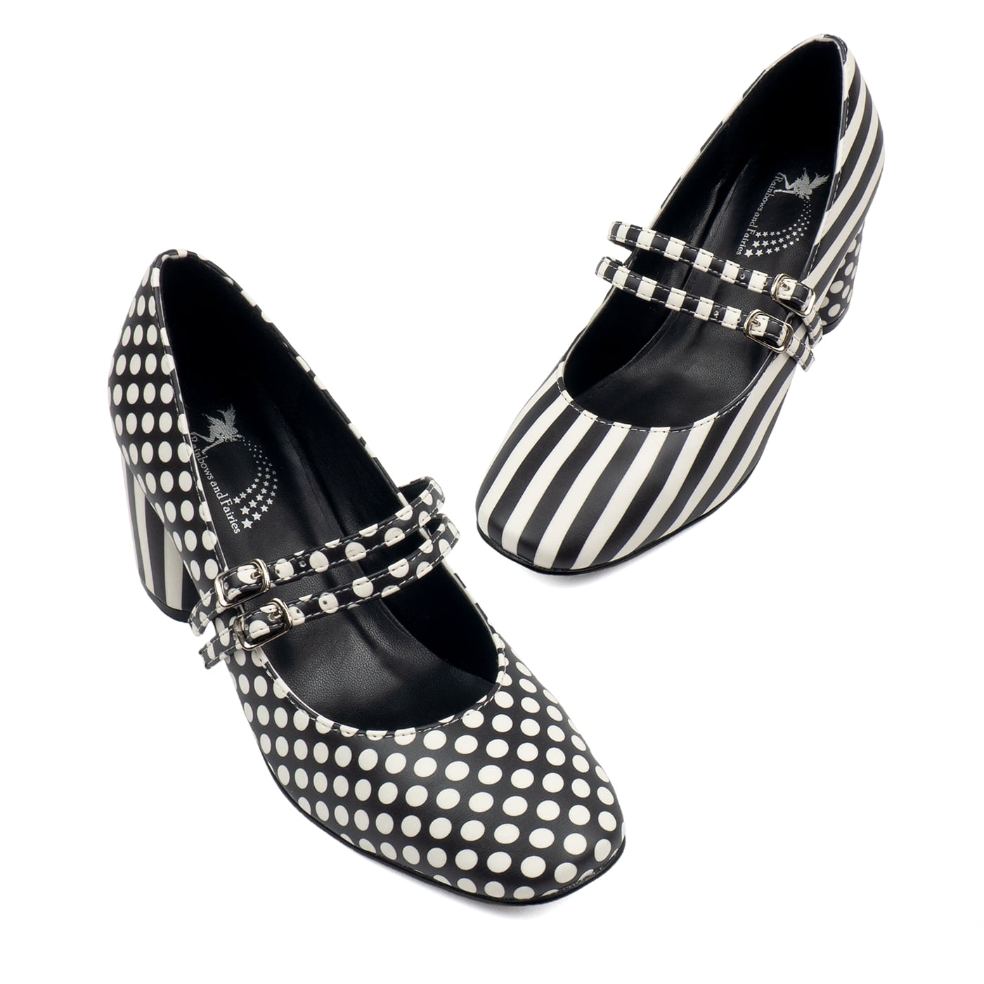 Monochrome Heels by RainbowsAndFairies.com (Black & White Stripes - Polka Dots - Classic - Kitten Heels - Mismatched Shoes) - SKU: FW_HEELS_MONOC_ORG - Pic 01