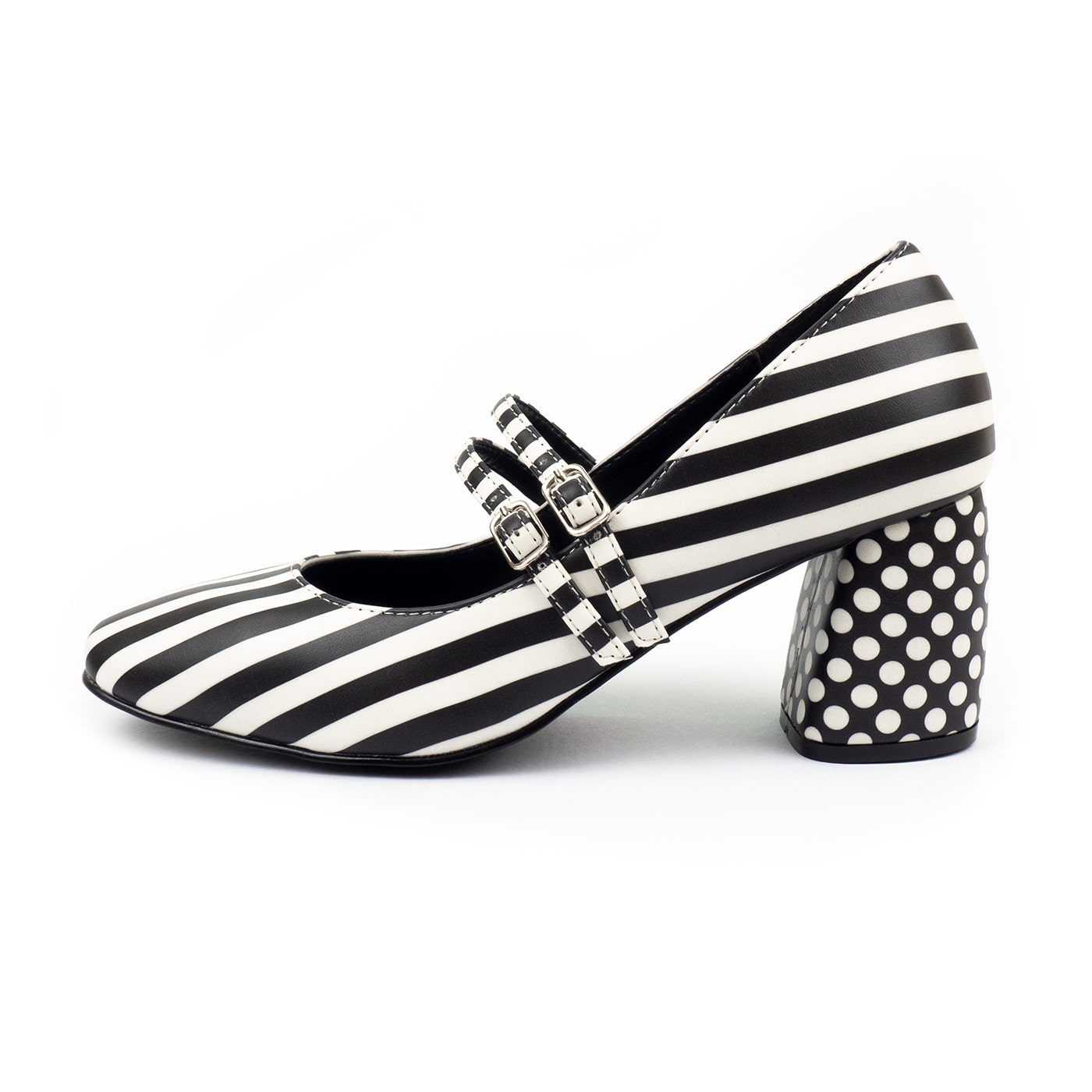 Monochrome Heels by RainbowsAndFairies.com (Black & White Stripes - Polka Dots - Classic - Kitten Heels - Mismatched Shoes) - SKU: FW_HEELS_MONOC_ORG - Pic 03