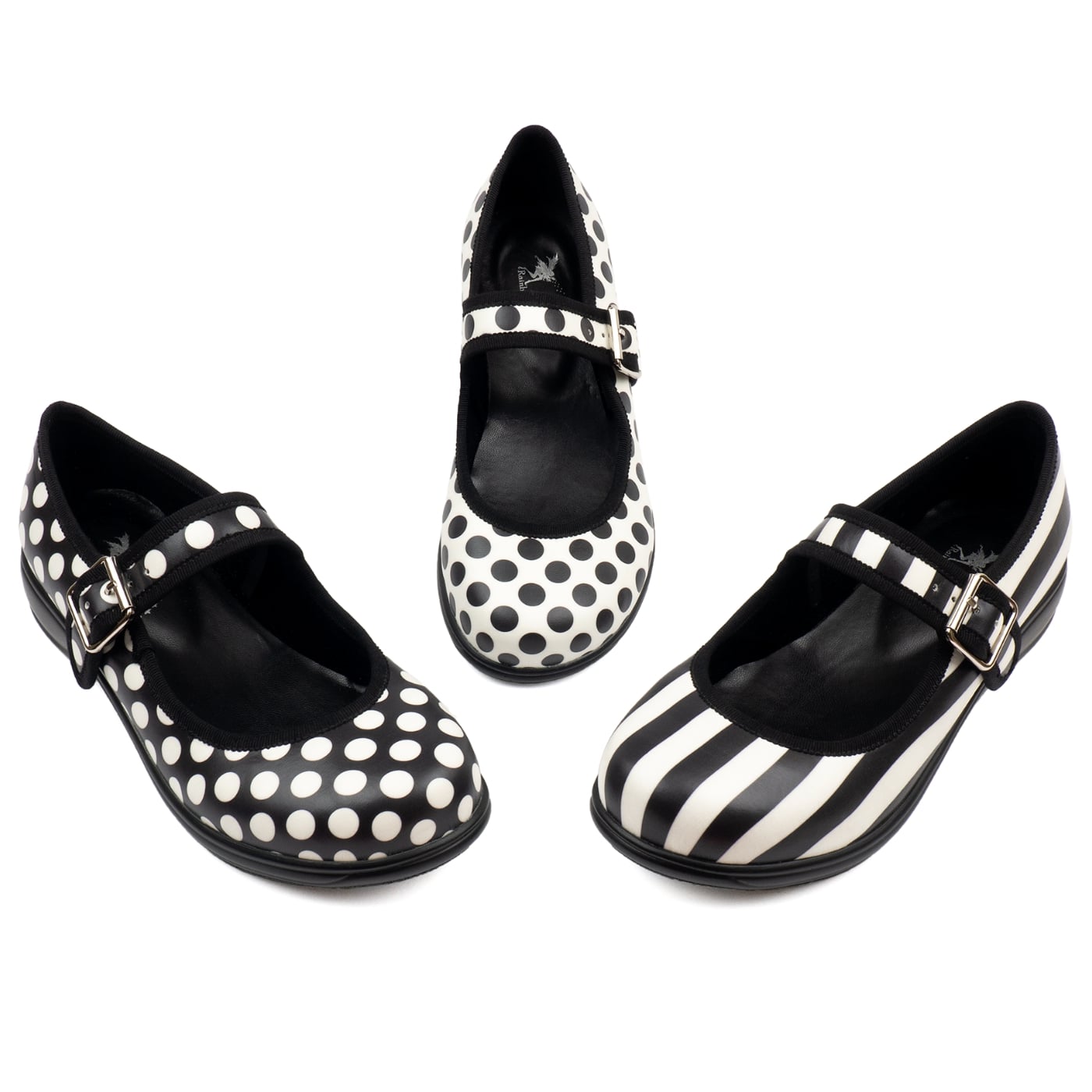 Monochrome Mary Janes by RainbowsAndFairies.com (Black & White - Polka Dots - Stripes - Mismatched Shoes - Shoes - Pair & A Spare) - SKU: FW_MARYJ_MONOC_ORG - Pic 01