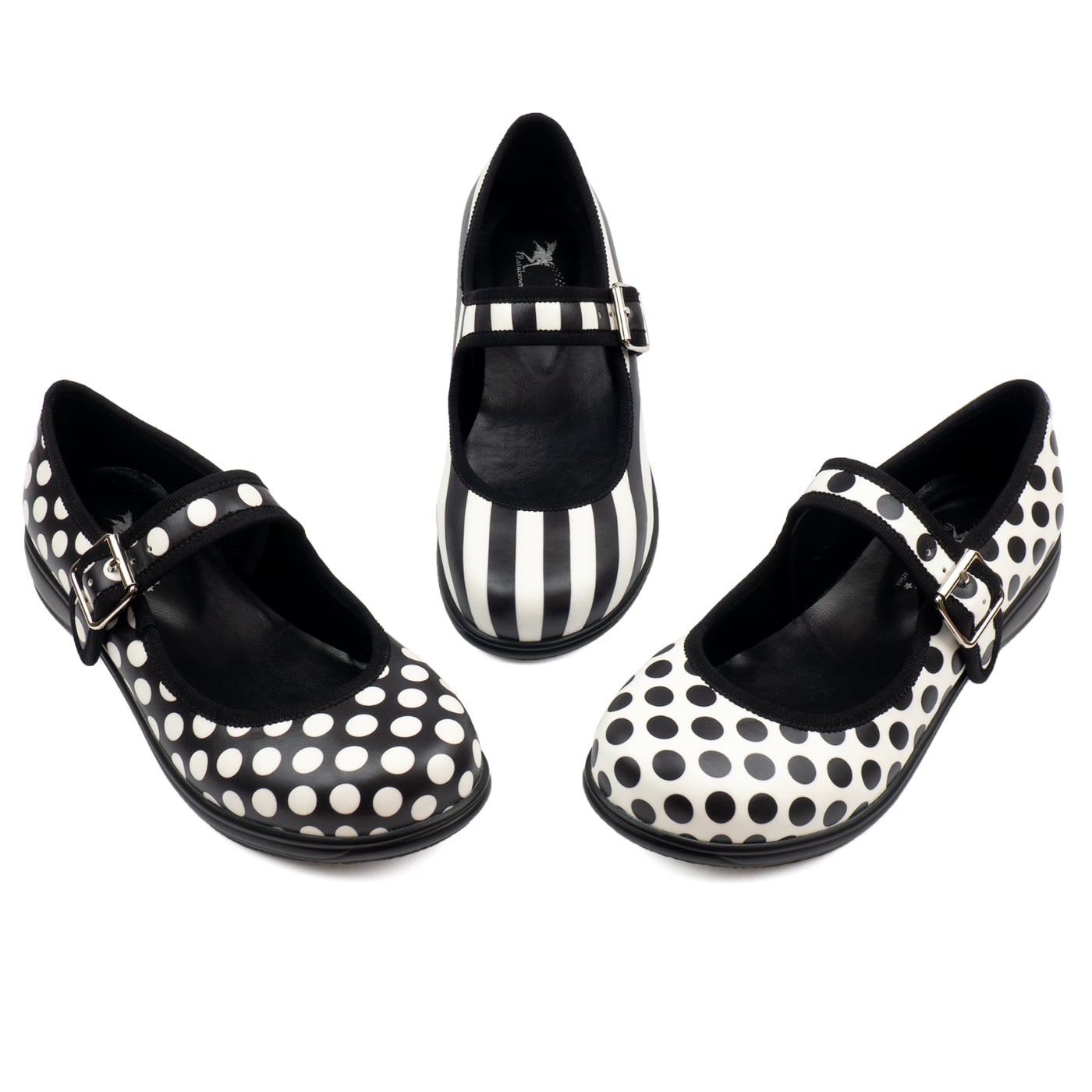 Monochrome Mary Janes by RainbowsAndFairies.com (Black & White - Polka Dots - Stripes - Mismatched Shoes - Shoes - Pair & A Spare) - SKU: FW_MARYJ_MONOC_ORG - Pic 02