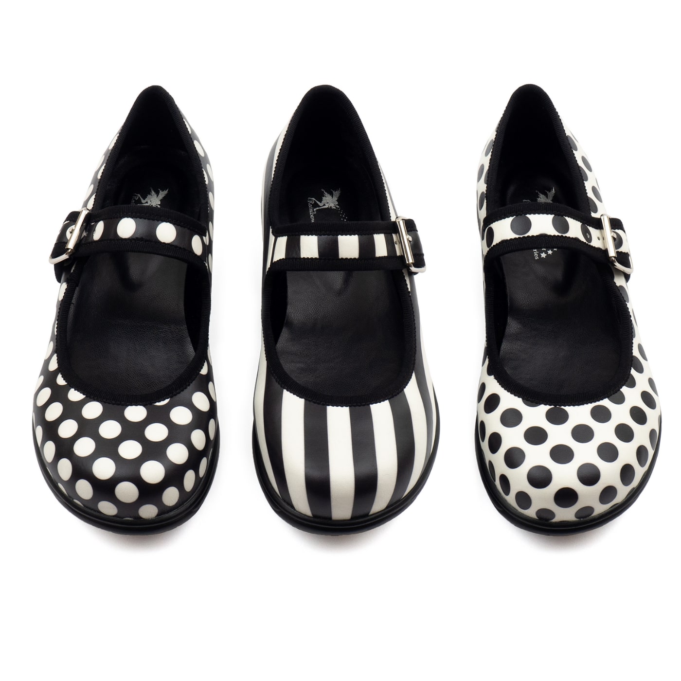 Monochrome Mary Janes by RainbowsAndFairies.com (Black & White - Polka Dots - Stripes - Mismatched Shoes - Shoes - Pair & A Spare) - SKU: FW_MARYJ_MONOC_ORG - Pic 03