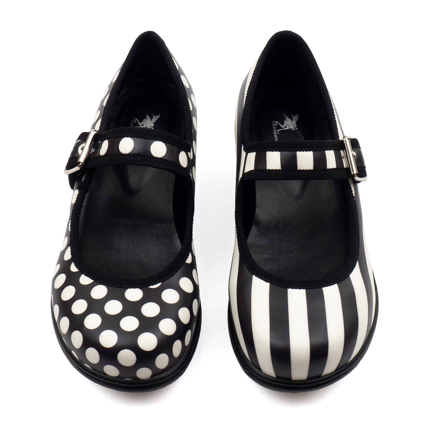 Monochrome Mary Janes by RainbowsAndFairies.com (Black & White - Polka Dots - Stripes - Mismatched Shoes - Shoes - Pair & A Spare) - SKU: FW_MARYJ_MONOC_ORG - Pic 05
