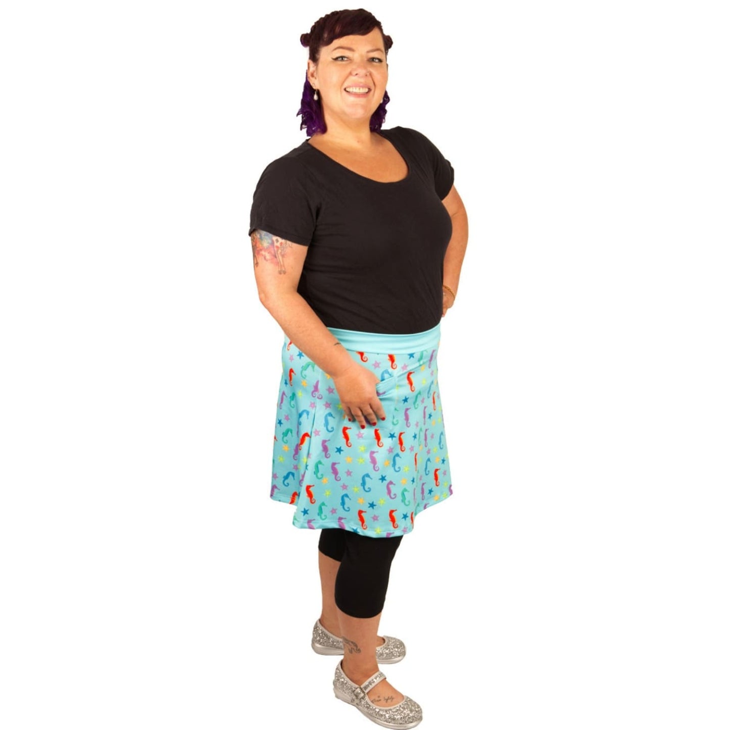 Oceania Short Skirt by RainbowsAndFairies.com.au (Seahorse - Starfish - Under The Sea - Aqua - Kitsch - Aline Skirt With Pockets - Vintage Inspired) - SKU: CL_SHORT_OCEAN_ORG - Pic-05