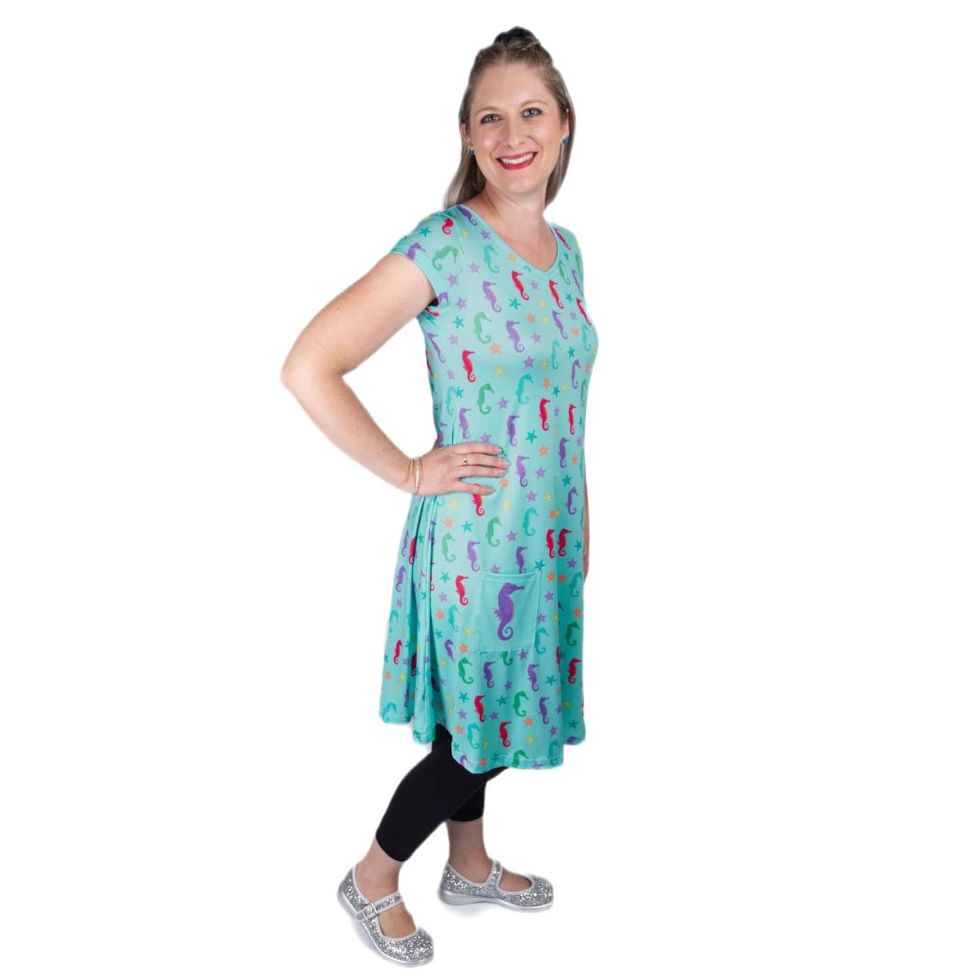 Oceania Tunic Dress by RainbowsAndFairies.com.au (Seahorse - Starfish - Under The Sea - Ocean - Vintage Inspired - Kitsch - Dress With Pockets - Mod) - SKU: CL_TUNDR_OCEAN_ORG - Pic-02