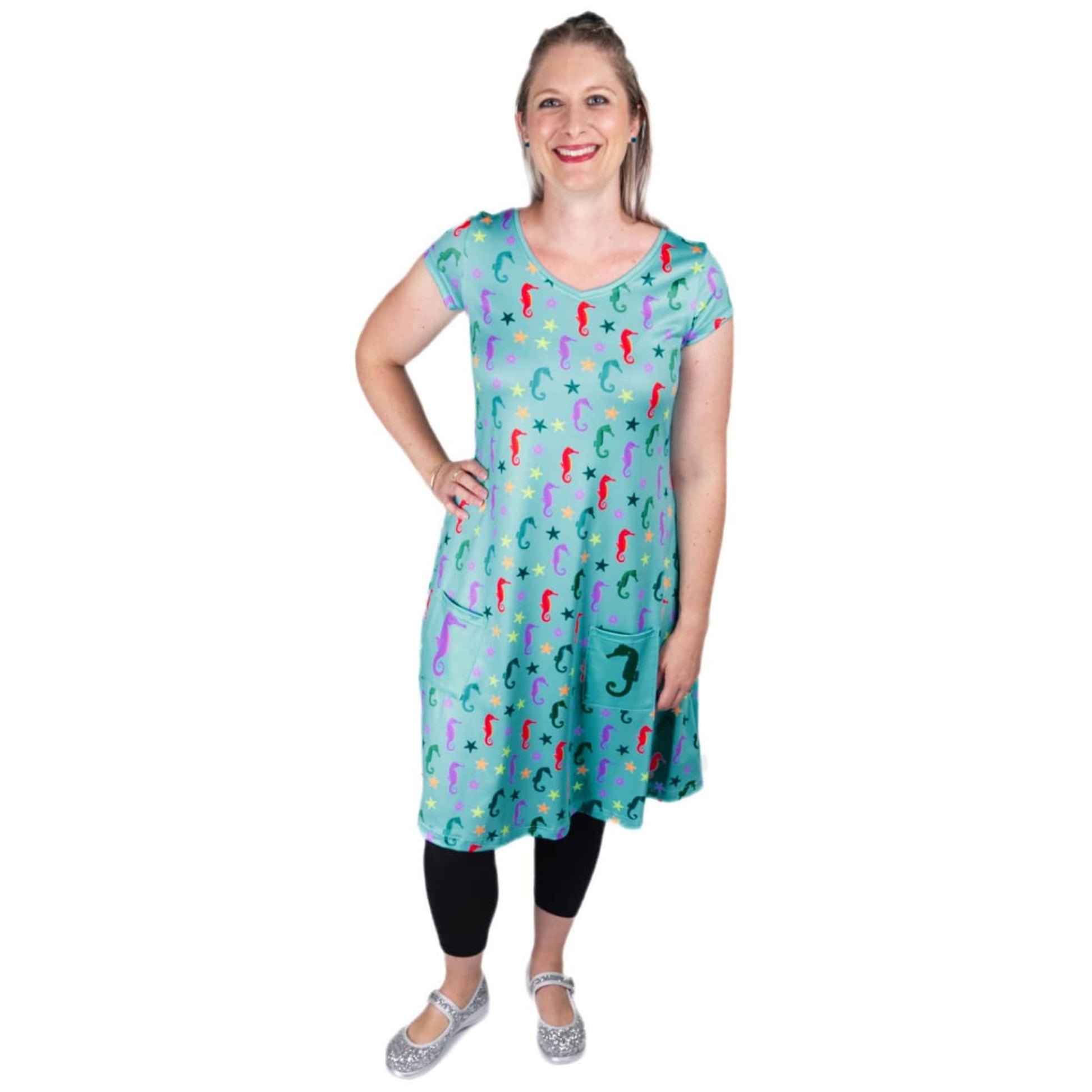 Oceania Tunic Dress by RainbowsAndFairies.com.au (Seahorse - Starfish - Under The Sea - Ocean - Vintage Inspired - Kitsch - Dress With Pockets - Mod) - SKU: CL_TUNDR_OCEAN_ORG - Pic-03