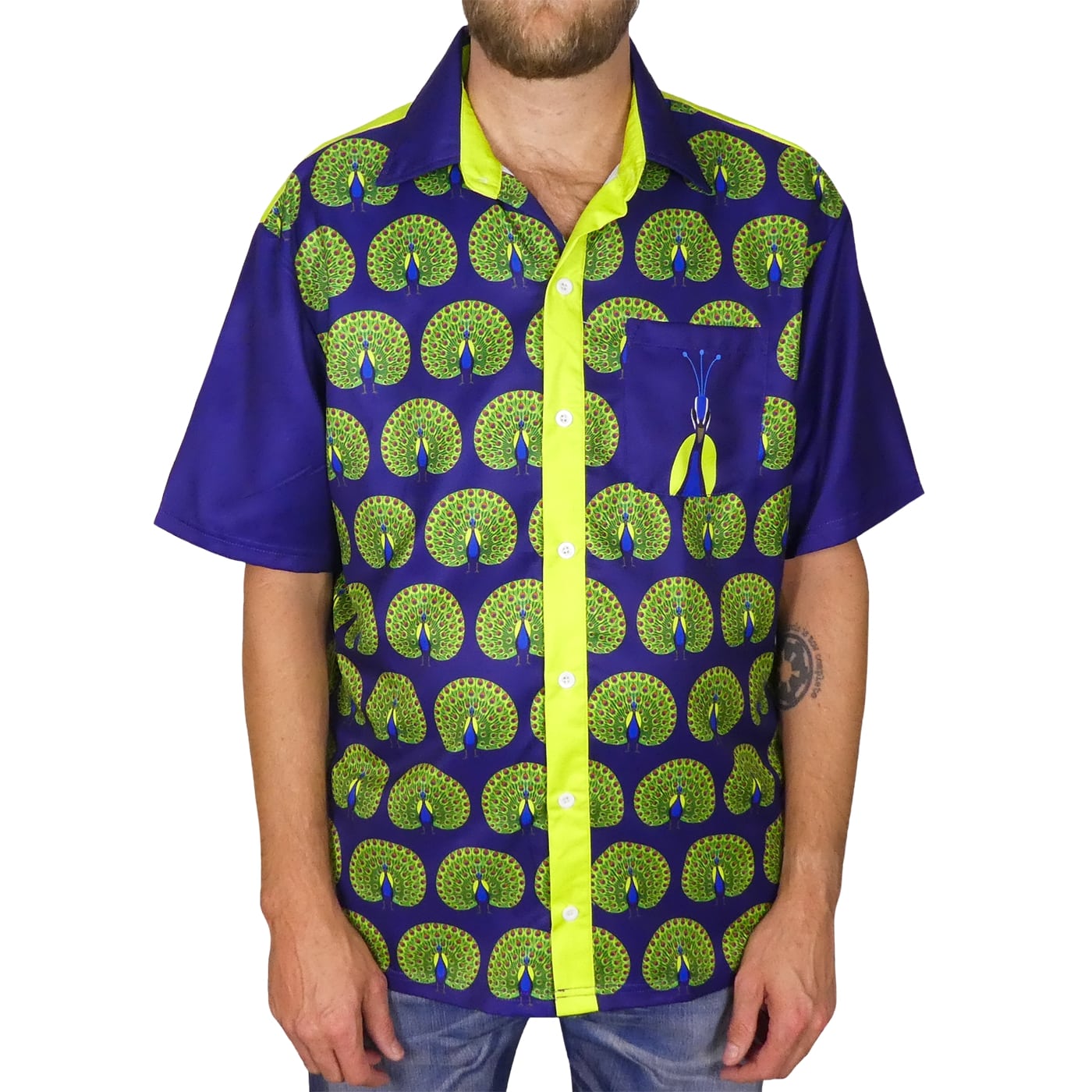 Olive Mens Shirt by RainbowsAndFairies.com (Peacock - Blue & Green - Bowling Shirt - Hawaiian Shirt - Rockabilly - Rock & Roll) - SKU: CL_SHIRT_OLIVE_MIN - Pic 01