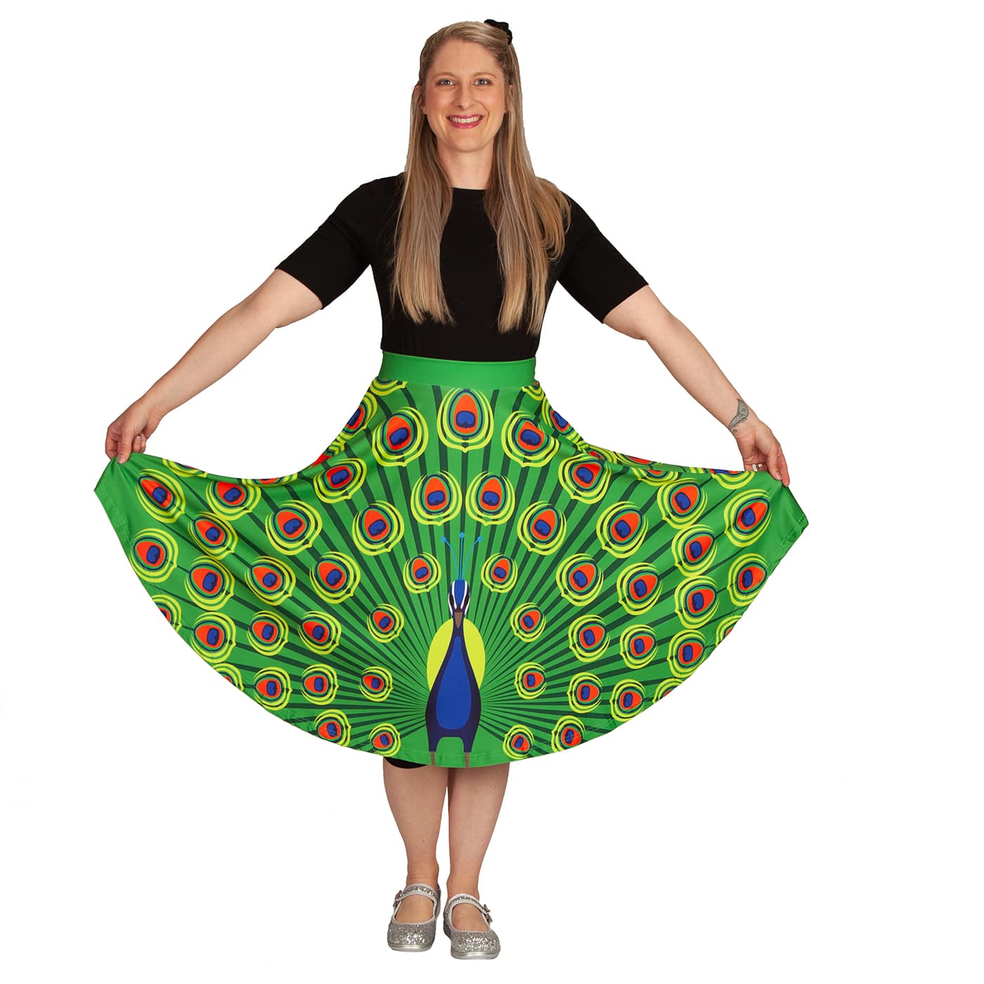Olive Swishy Skirt by RainbowsAndFairies.com.au (Peacock - Peahen - Animal Print - Bird Print - Circle Skirt With Pockets - Mod Retro) - SKU: CL_SWISH_OLIVE_ORG - Pic-07
