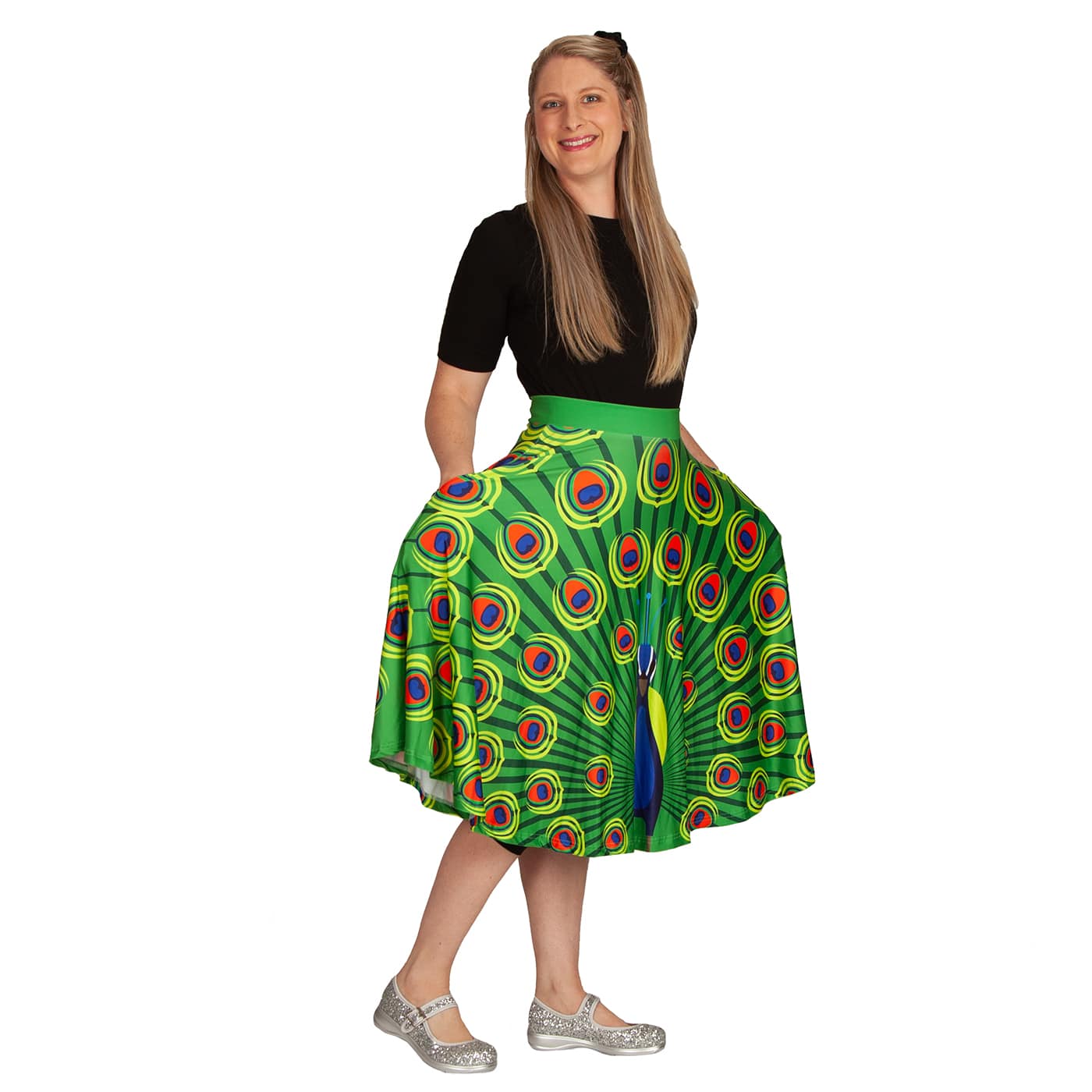 Olive Swishy Skirt by RainbowsAndFairies.com.au (Peacock - Peahen - Animal Print - Bird Print - Circle Skirt With Pockets - Mod Retro) - SKU: CL_SWISH_OLIVE_ORG - Pic-08