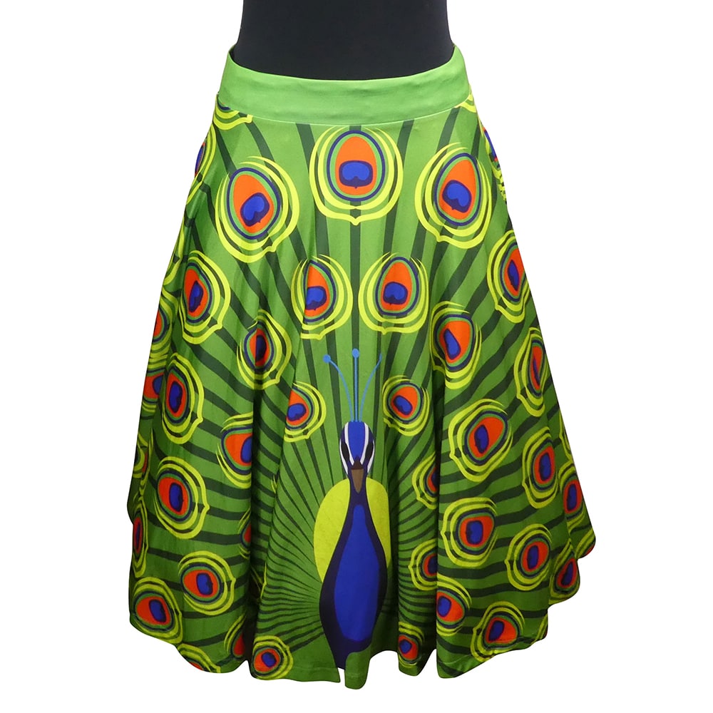 Olive Swishy Skirt by RainbowsAndFairies.com.au (Peacock - Peahen - Animal Print - Bird Print - Circle Skirt With Pockets - Mod Retro) - SKU: CL_SWISH_OLIVE_ORG - Pic-01