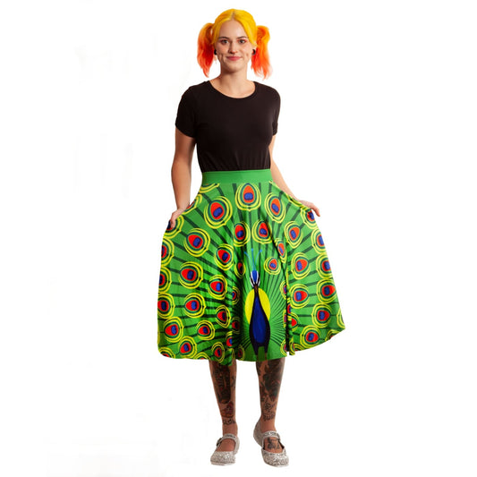 Olive Swishy Skirt by RainbowsAndFairies.com.au (Peacock - Peahen - Animal Print - Bird Print - Circle Skirt With Pockets - Mod Retro) - SKU: CL_SWISH_OLIVE_ORG - Pic-05