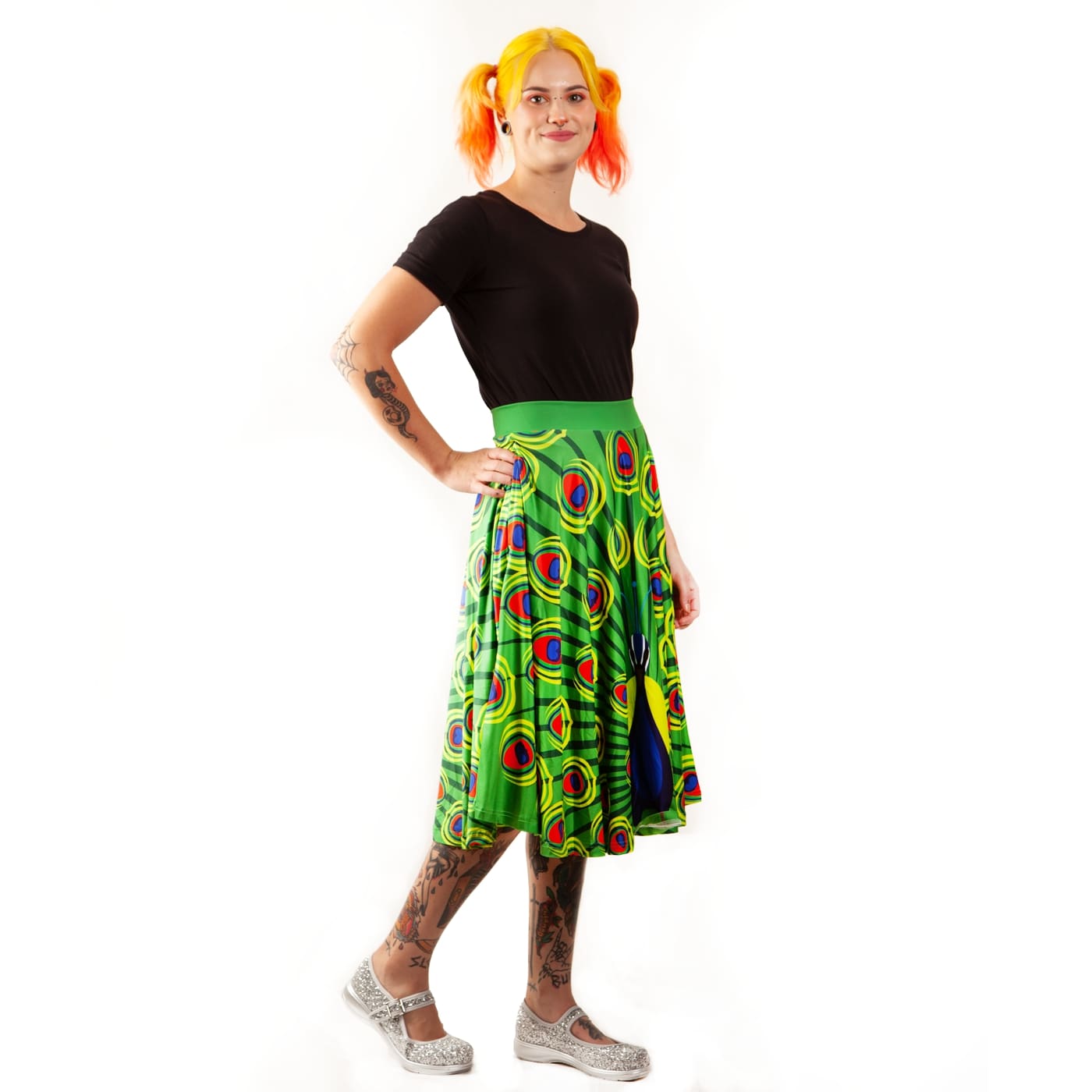 Olive Swishy Skirt by RainbowsAndFairies.com.au (Peacock - Peahen - Animal Print - Bird Print - Circle Skirt With Pockets - Mod Retro) - SKU: CL_SWISH_OLIVE_ORG - Pic-06