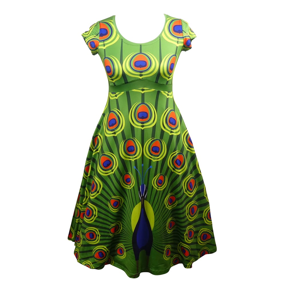 Olive Tea Dress by RainbowsAndFairies.com (Peacock - Peahen - Feathers - Bird - Rock & Roll - Dress With Pockets - Rockabilly - Vintage Inspired) - SKU: CL_TEADR_OLIVE_ORG - Pic 01