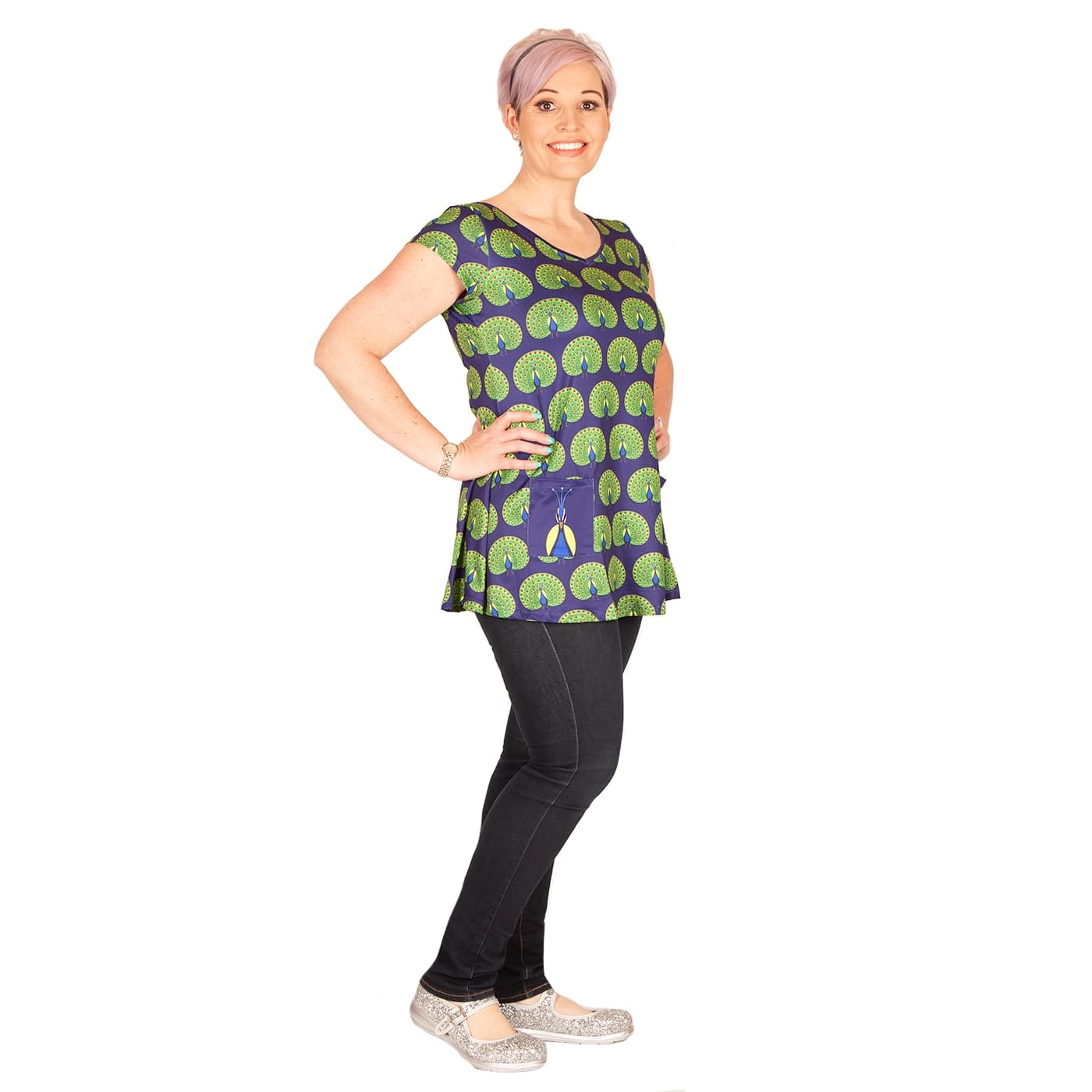 Olive Top Top by RainbowsAndFairies.com (Peacock - Bird - Feathers - Mod Retro - Top With Pockets - Vintage Inspired) - SKU: CL_TUNIC_OLIVE_MIN - 04