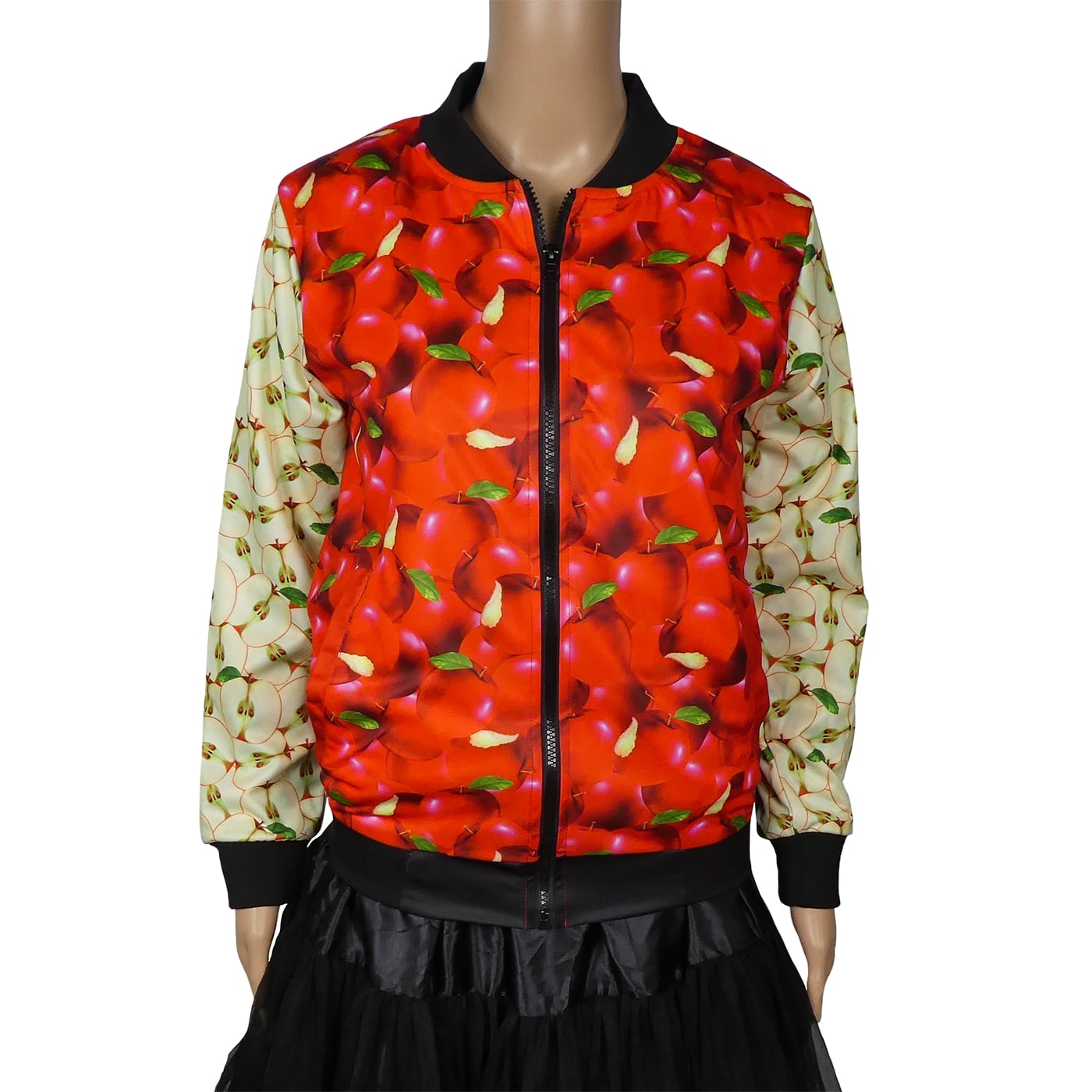 Orchard Bomber Jacket by RainbowsAndFairies.com (Red Apples - Apple Core - Snow White - Biker Jacket - Coat - Rock & Roll) - SKU: CL_BOMBJ_ORCHD_ORG - Pic 01