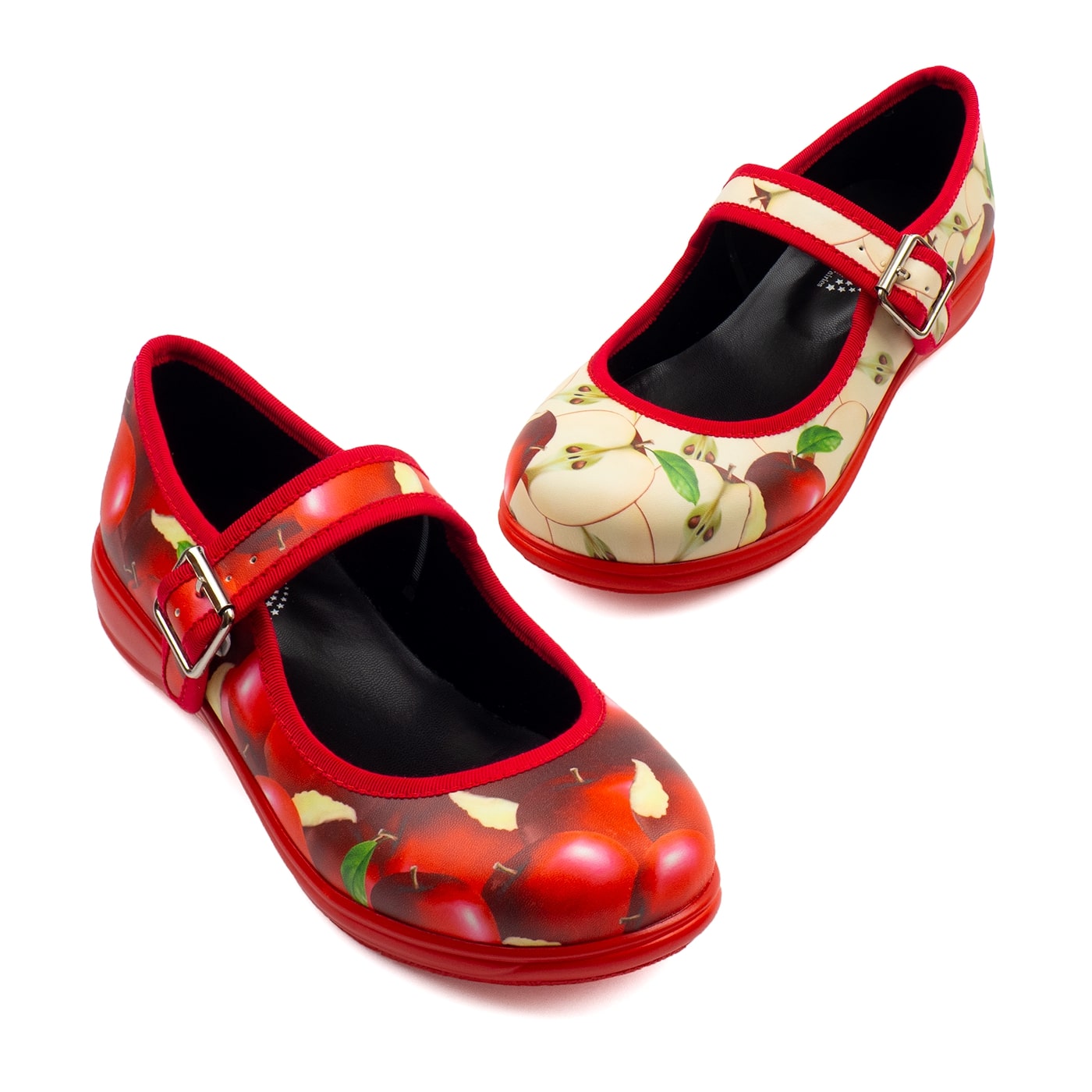 Orchard Mary Janes by RainbowsAndFairies.com (Red Apples - Apple Core - Snow White - Mismatched Shoes) - SKU: FW_MARYJ_ORCHD_ORG - Pic 01