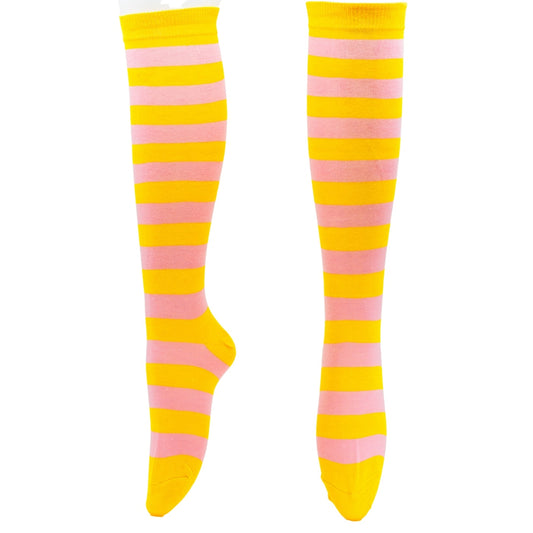 Pink & Yellow Stripe Knee High Socks by RainbowsAndFairies.com.au (Stripe Long Socks - Rainbow - Stockings - Colourful Socks - Vintage Inspired) - SKU: FW_SOCKS_STRIPE_P&Y - Pic-01